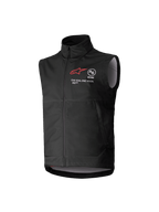 Alpinestars Youth Techstar Softshell Vest, sort ærmeløs motocross-vest med rødt stjerne-logo, høj krave, lynlås foran, "ONE GOAL. ONE VISION." branding, lysegråt indvendigt for, motorsportstøj til unge