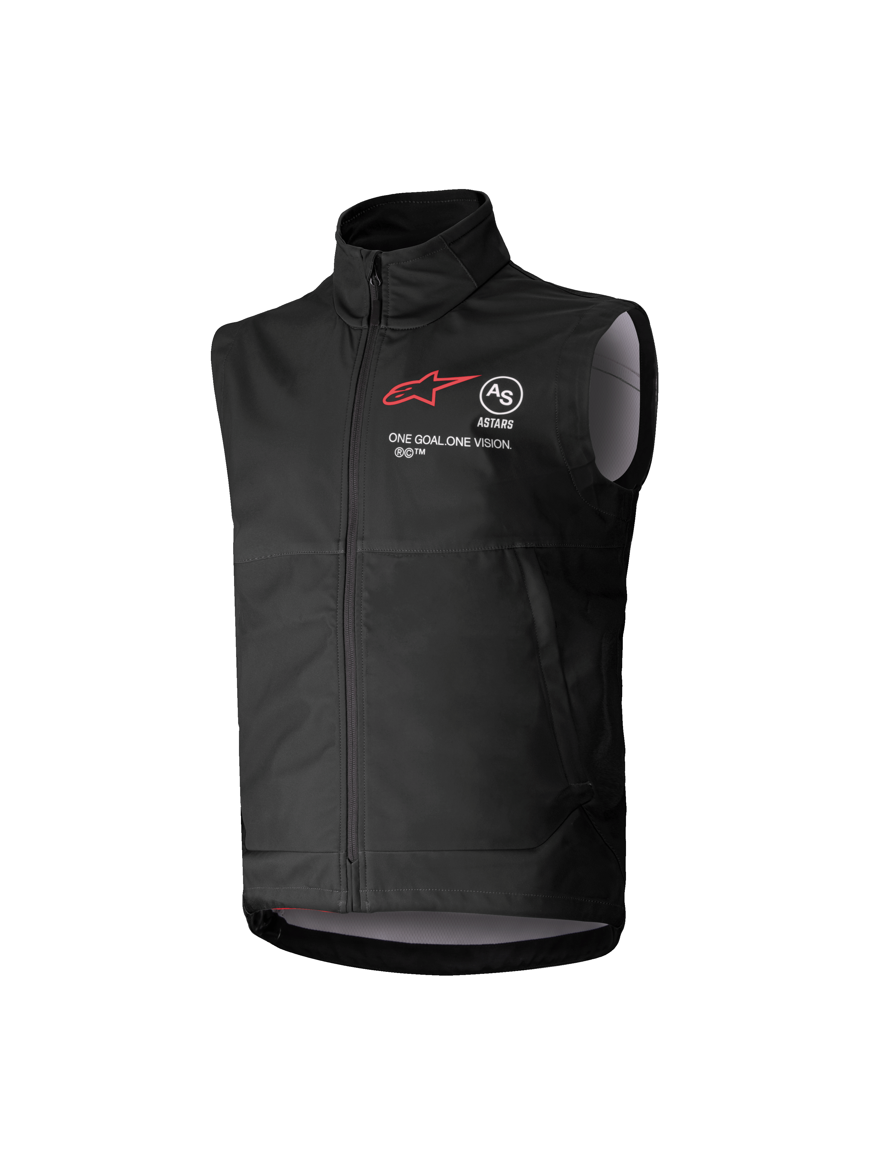 Alpinestars Youth Techstar Softshell Vest, sort ærmeløs motocross-vest med rødt stjerne-logo, høj krave, lynlås foran, "ONE GOAL. ONE VISION." branding, lysegråt indvendigt for, motorsportstøj til unge