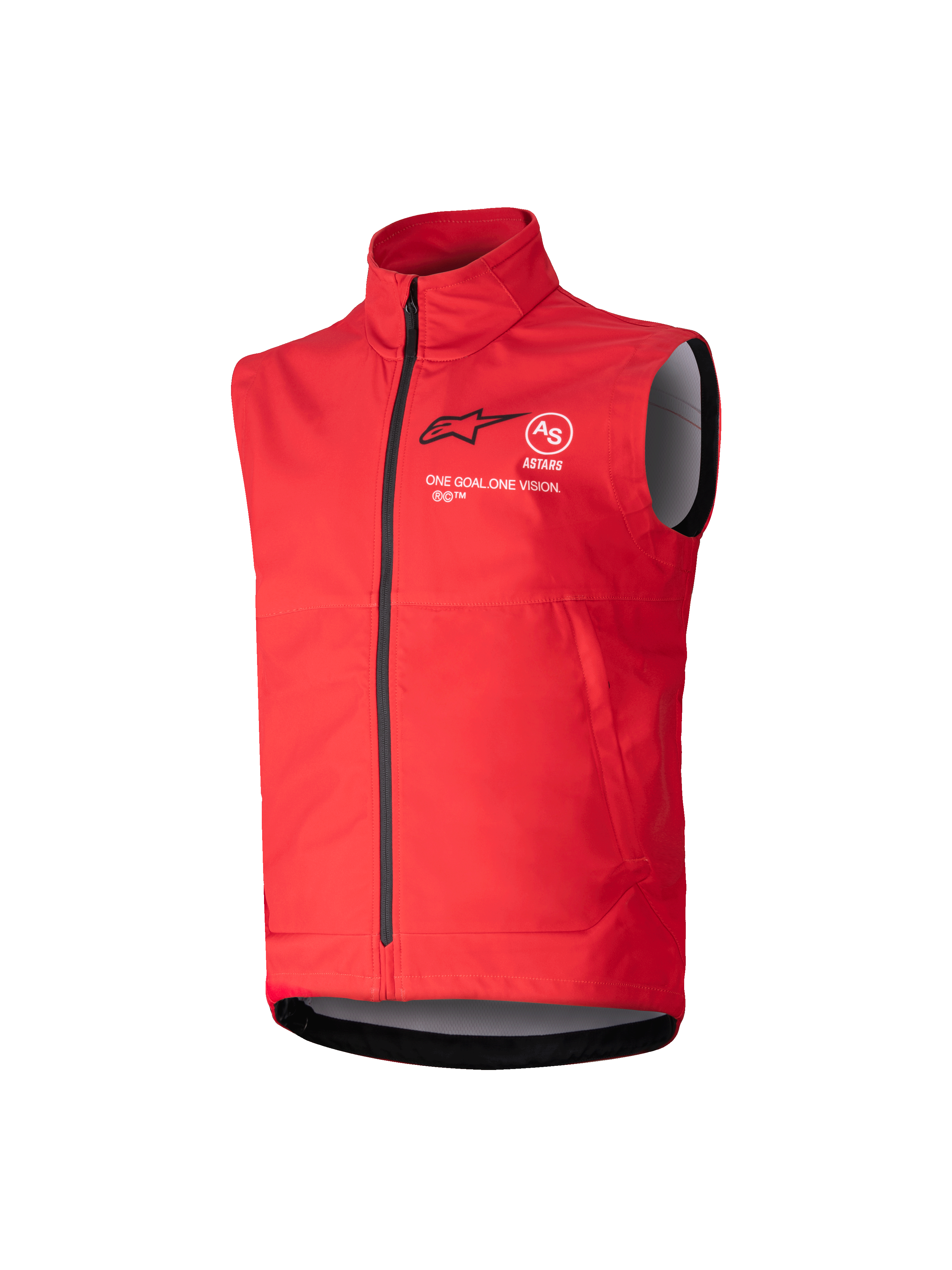 Alpinestars Youth Techstar Softshell Vest, Bright Red, Motocross Windproof Vest, high collar with full-length black zipper, sleeveless design with gray interior lining, black logo and white text branding on the chest