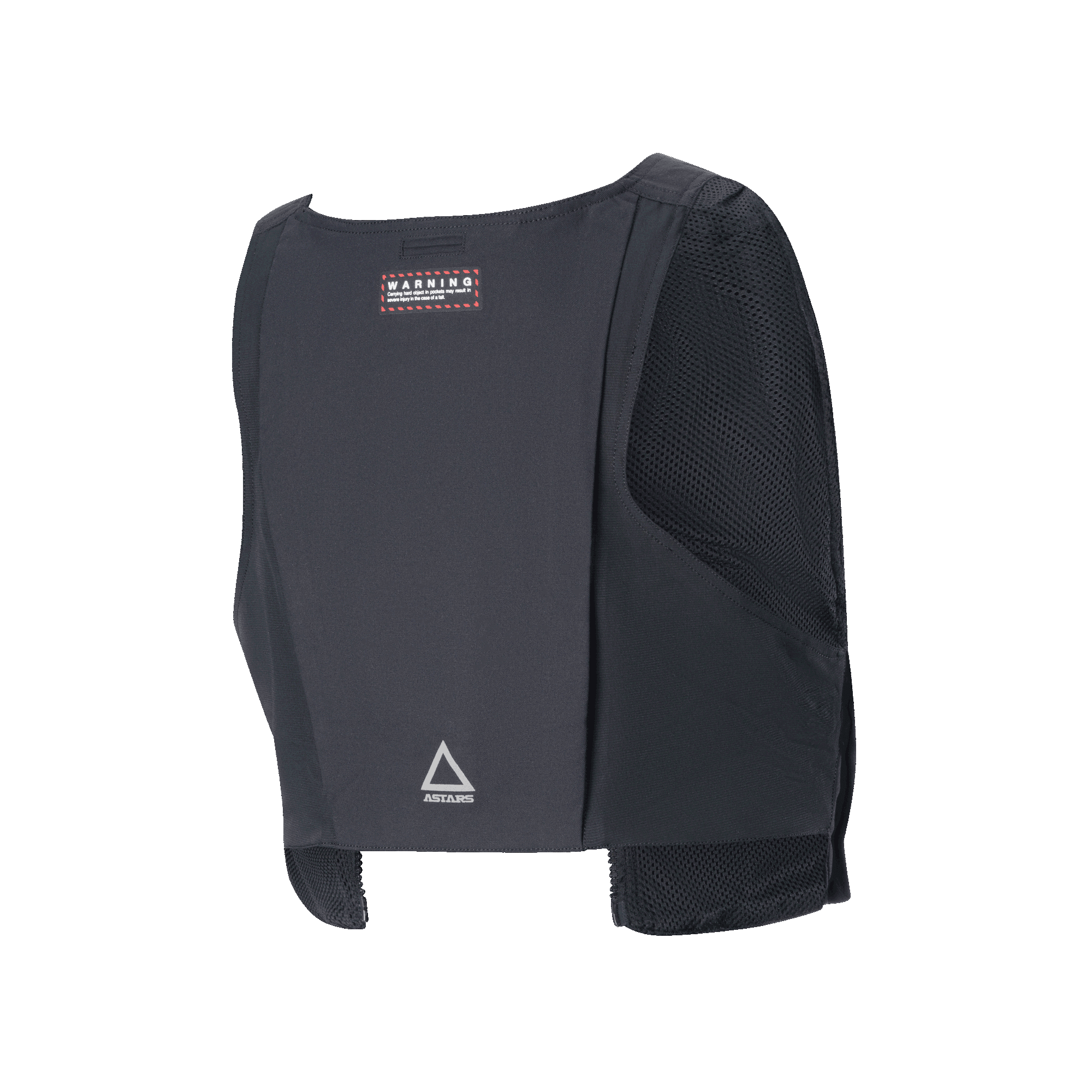 Alpinestars Techdura Tactical Vest, Detachable Pack for Techdura Jacket, Black Reflex, Rear View, featuring mesh side panels for breathability, warning label on upper back, and ASTARS triangle logo at the bottom, modular enduro riding gear