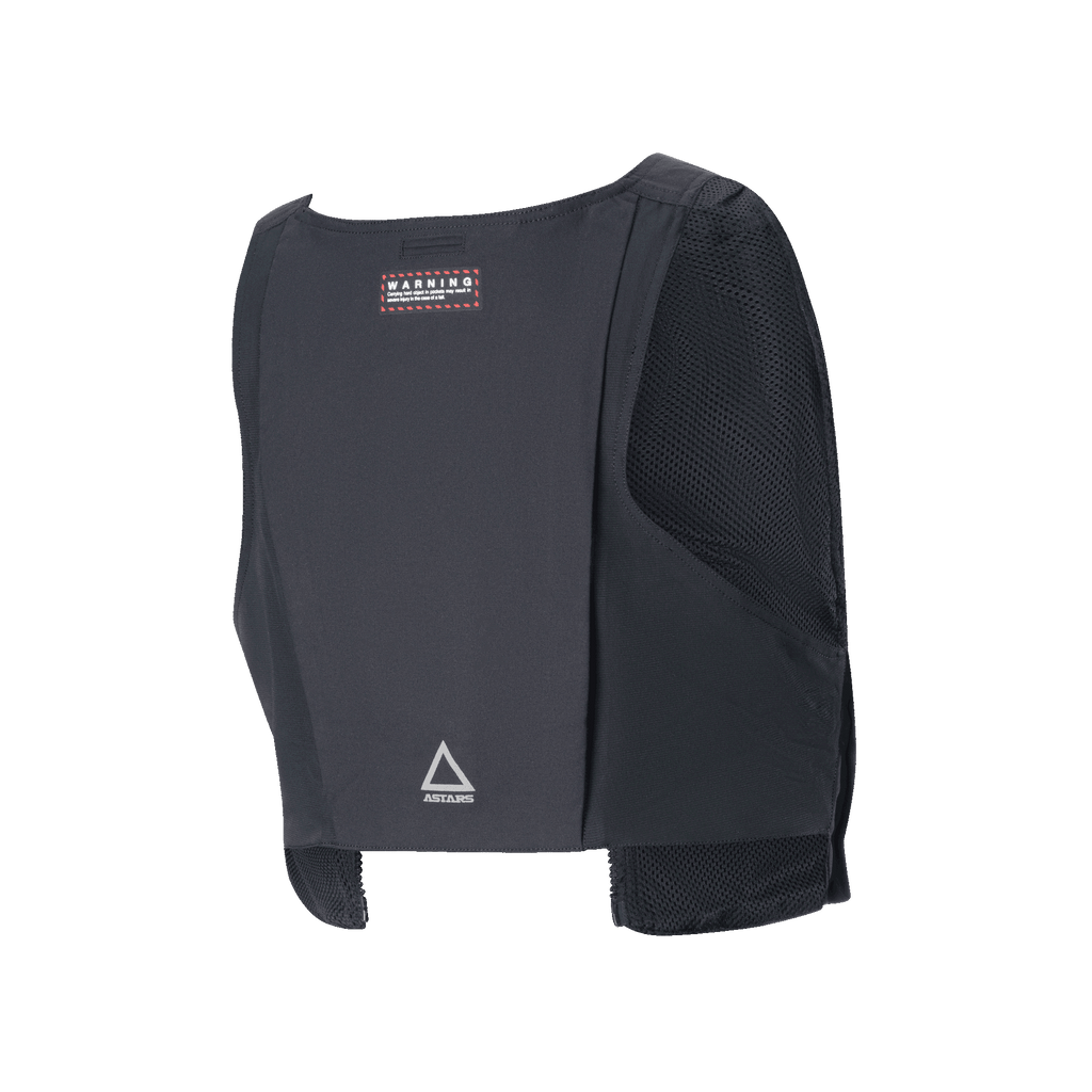 Alpinestars Techdura Tactical Vest, set bagfra, sort slidstærkt tekstil med mesh-sidepaneler, rød advarselsmærkat og sølvfarvet Astars-trekantlogo på den nederste del af ryggen, modulær opbevaringspakke til enduro-kørsel