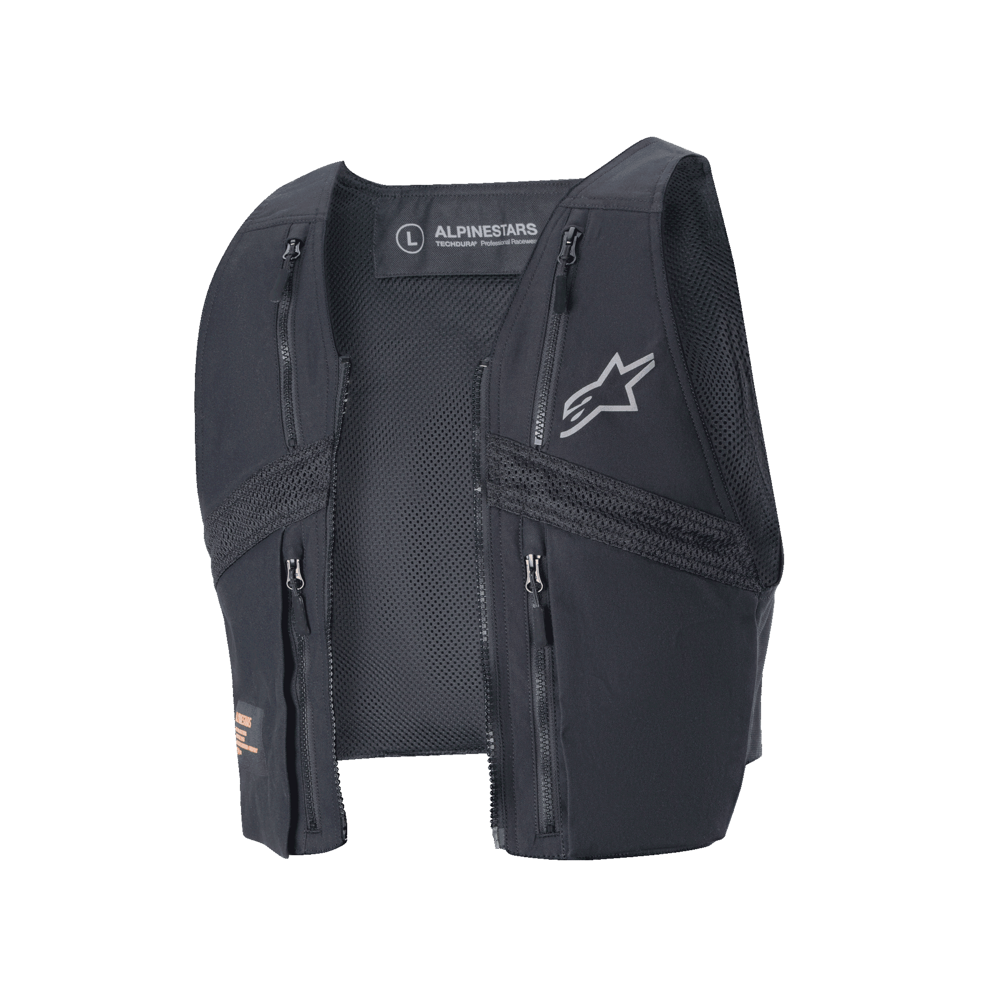 Alpinestars Techdura Tactical Vest, Black, detachable enduro vest for the Techdura Jacket, featuring four zippered chest pockets, mesh paneling for ventilation, and a grey Alpinestars logo