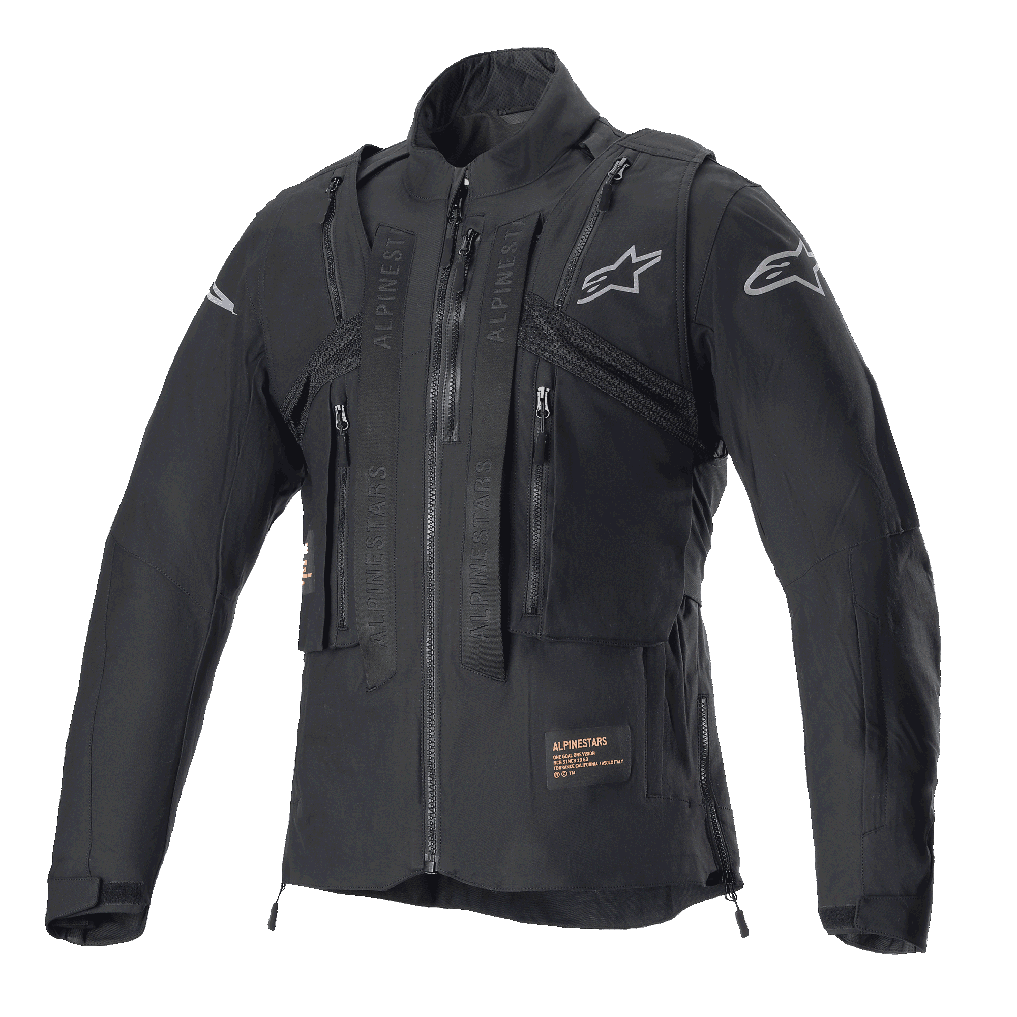 Alpinestars Techdura Jacket, Black Reflex, off-road motorcycle jacket with integrated tactical vest, front view, featuring multiple utility pockets, rugged textile construction, and silver Alpinestars logos, designed for enduro riding.