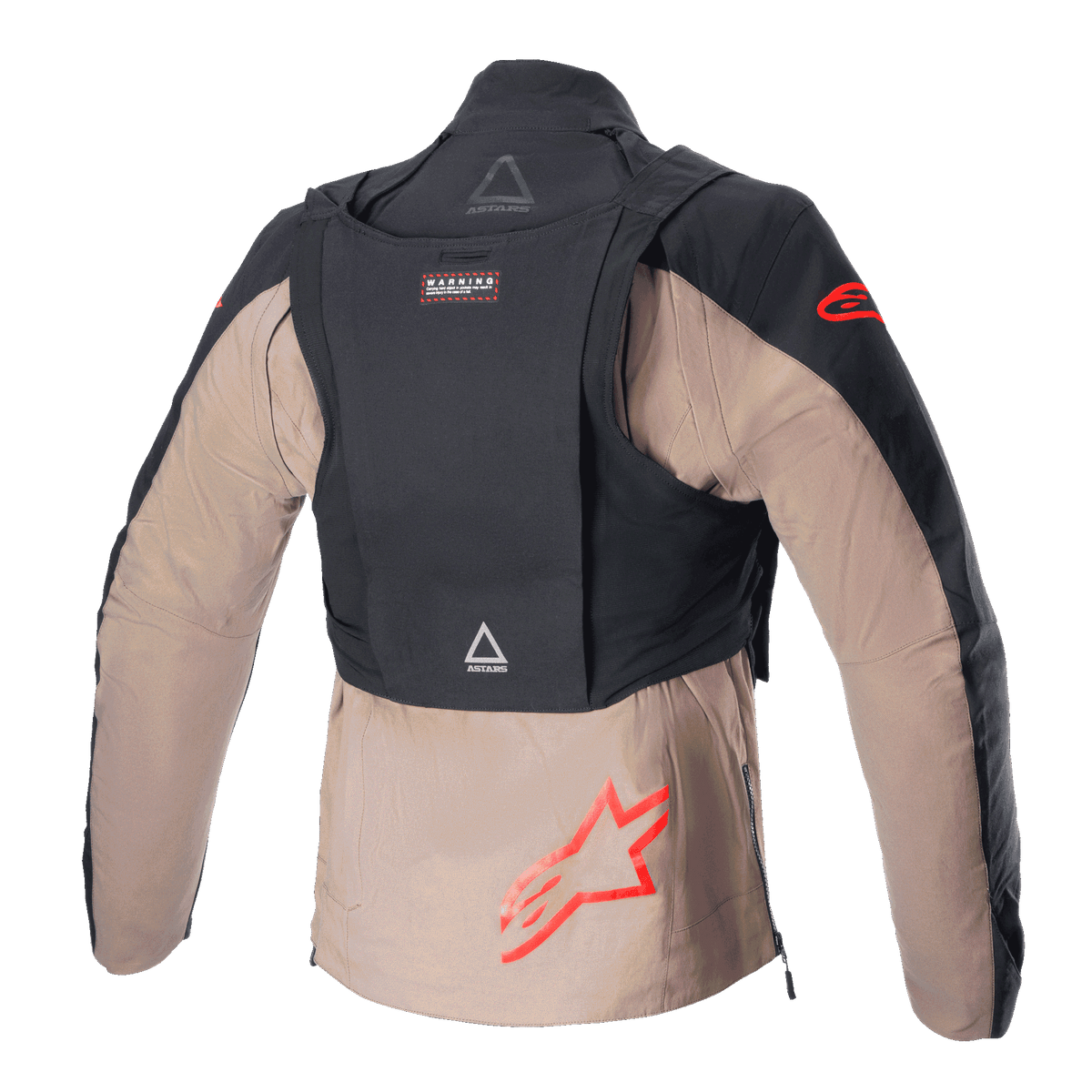 Alpinestars Techdura-jakke, Black Falcon Brown, set bagfra med den aftagelige taktiske pakke, røde Alpinestars-stjernelogoer, robust tekstilkonstruktion til enduro og off-road kørsel