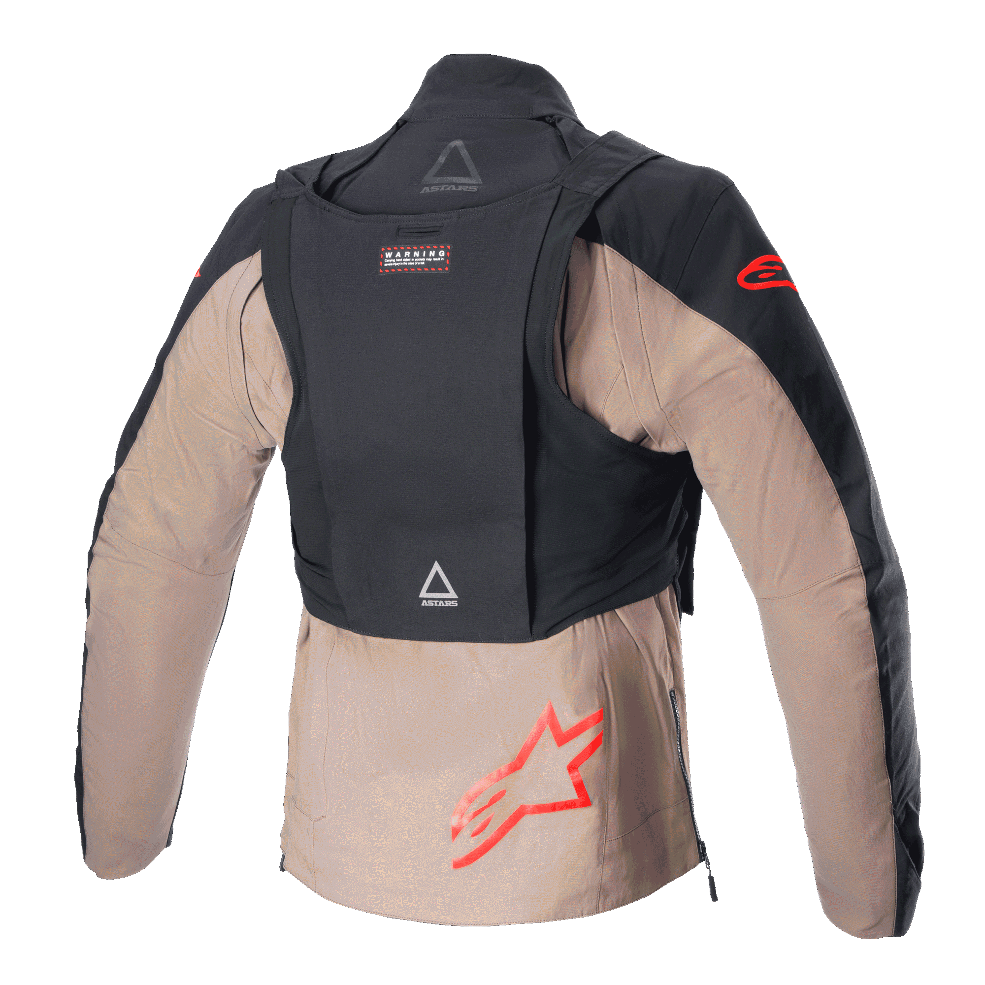 Alpinestars Techdura Jacket, Black Falcon Brown, back view featuring the detachable tactical pack, red Alpinestars star logos, rugged textile construction for enduro and off-road riding