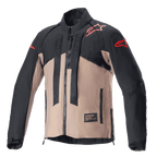 Alpinestars Techdura Jacket, Off-Road Motorcycle Jacket, Black Falcon Brown, two-tone design with red star logos on shoulders and sleeves, vertical Alpinestars-branded straps on the chest, durable textile material