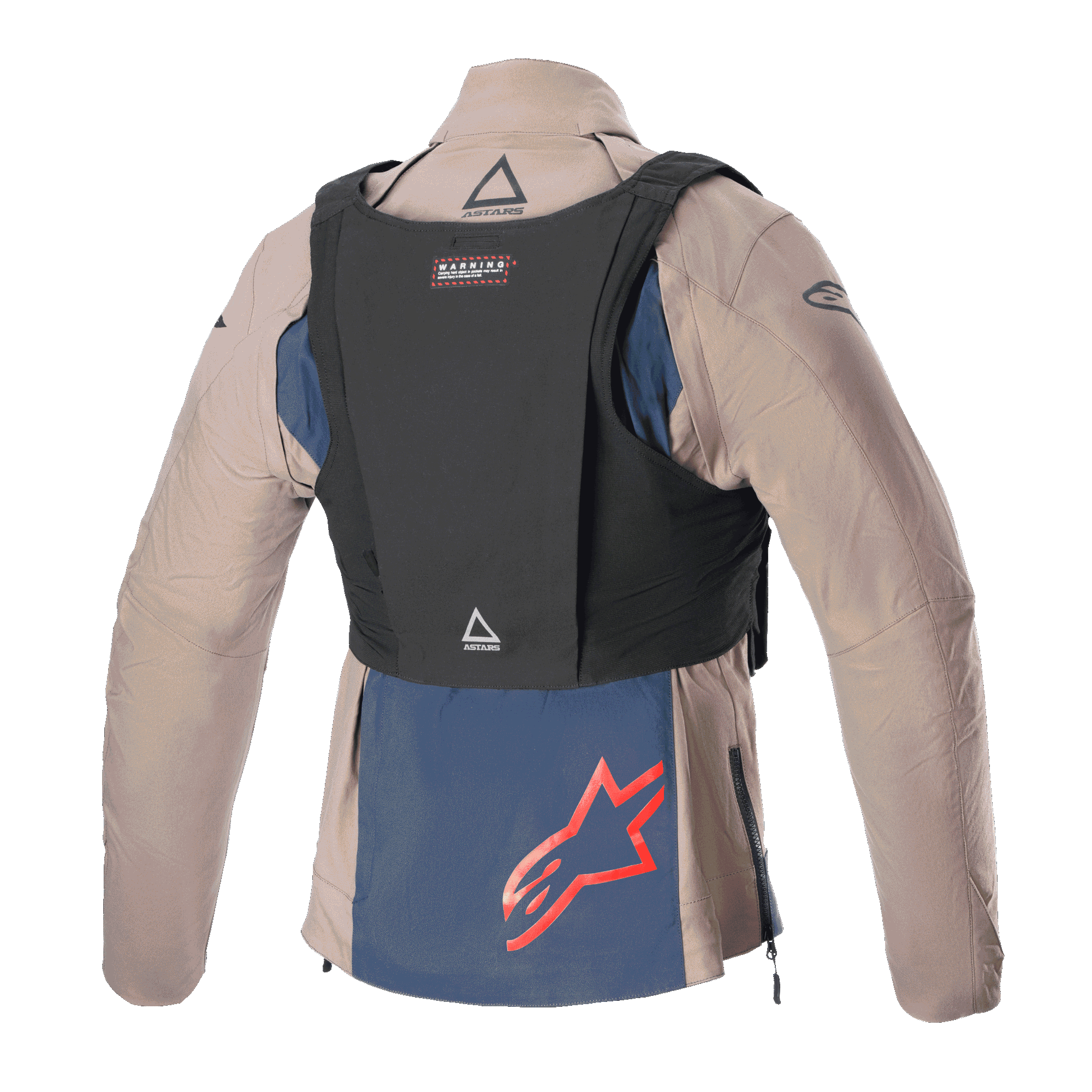 Alpinestars Techdura jakke, Falcon Brown og Night Navy, set bagfra med sort taktisk vest, rødt Alpinestars-logo på det mørkeblå nederste panel, robust tekstilkonstruktion til enduro- og terrænkørsel