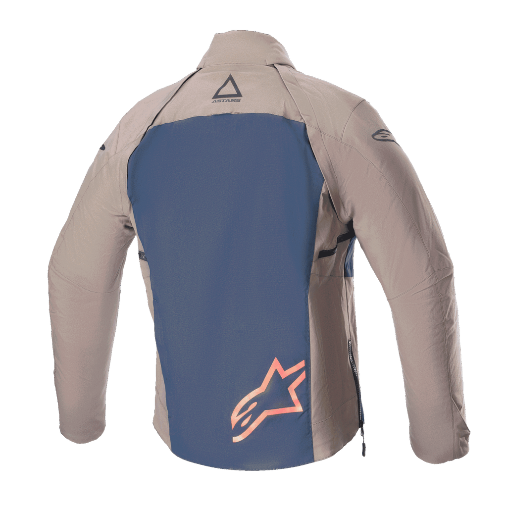 Alpinestars Techdura-jakke, set bagfra, Falcon Brown og Night Navy, mørkeblåt rygpanel med et stort orange stjernelogo, brune tekstilærmer og skuldre, holdbar konstruktion i strækbar polyamid til enduro- og off-road-kørsel