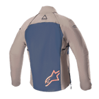 Alpinestars Techdura-jakke, set bagfra, Falcon Brown og Night Navy, mørkeblåt rygpanel med et stort orange stjernelogo, brune tekstilærmer og skuldre, holdbar konstruktion i strækbar polyamid til enduro- og off-road-kørsel