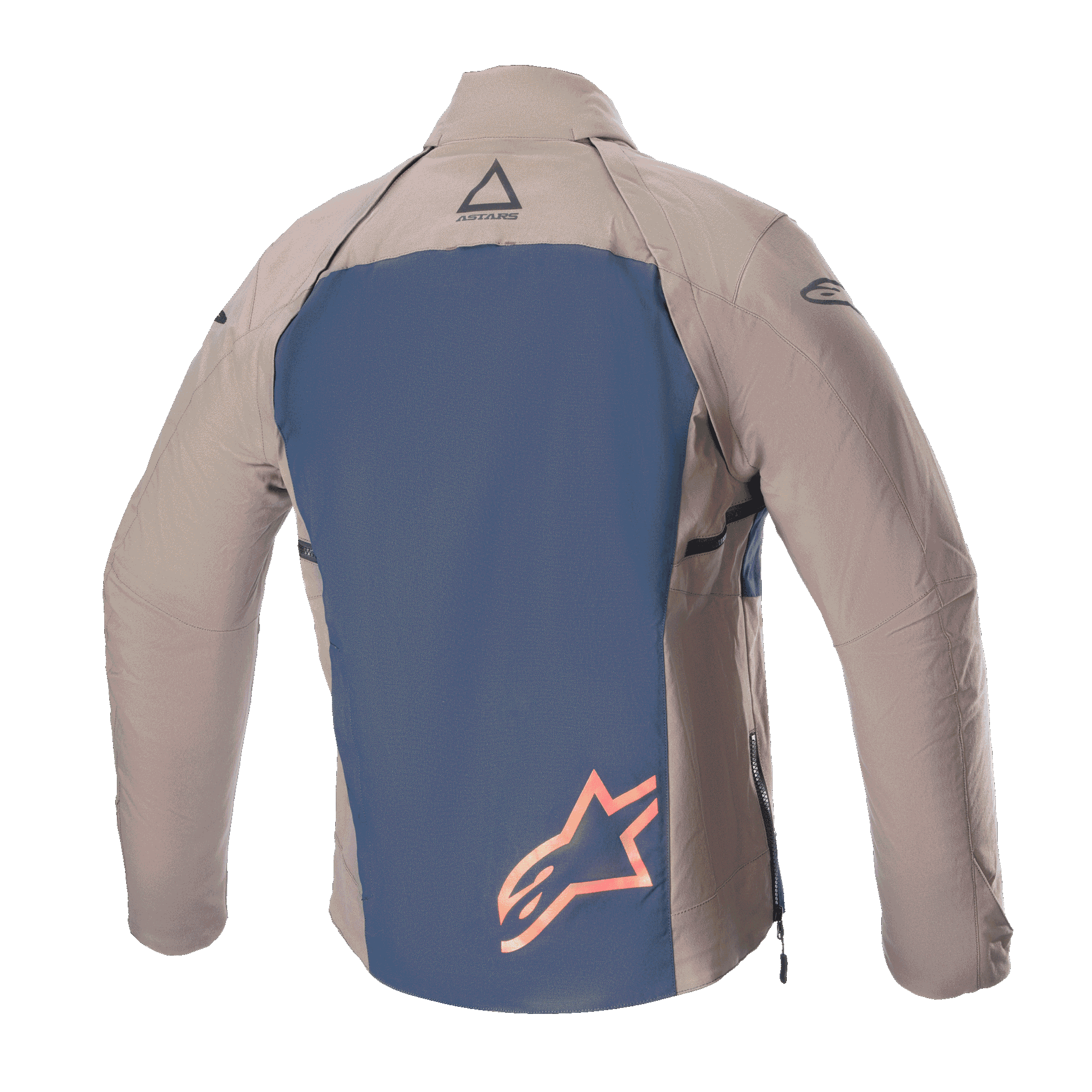 Alpinestars Techdura-jakke, set bagfra, Falcon Brown og Night Navy, mørkeblåt rygpanel med et stort orange stjernelogo, brune tekstilærmer og skuldre, holdbar konstruktion i strækbar polyamid til enduro- og off-road-kørsel
