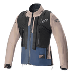 Alpinestars Techdura-jakke, Falcon Brown og Night Navy, med en aftagelig sort taktisk vest med flere lynlåslommer, robust stræk-polyamid-konstruktion, stjernelogo på brystet og ærmerne, designet til enduro- og terrænkørsel