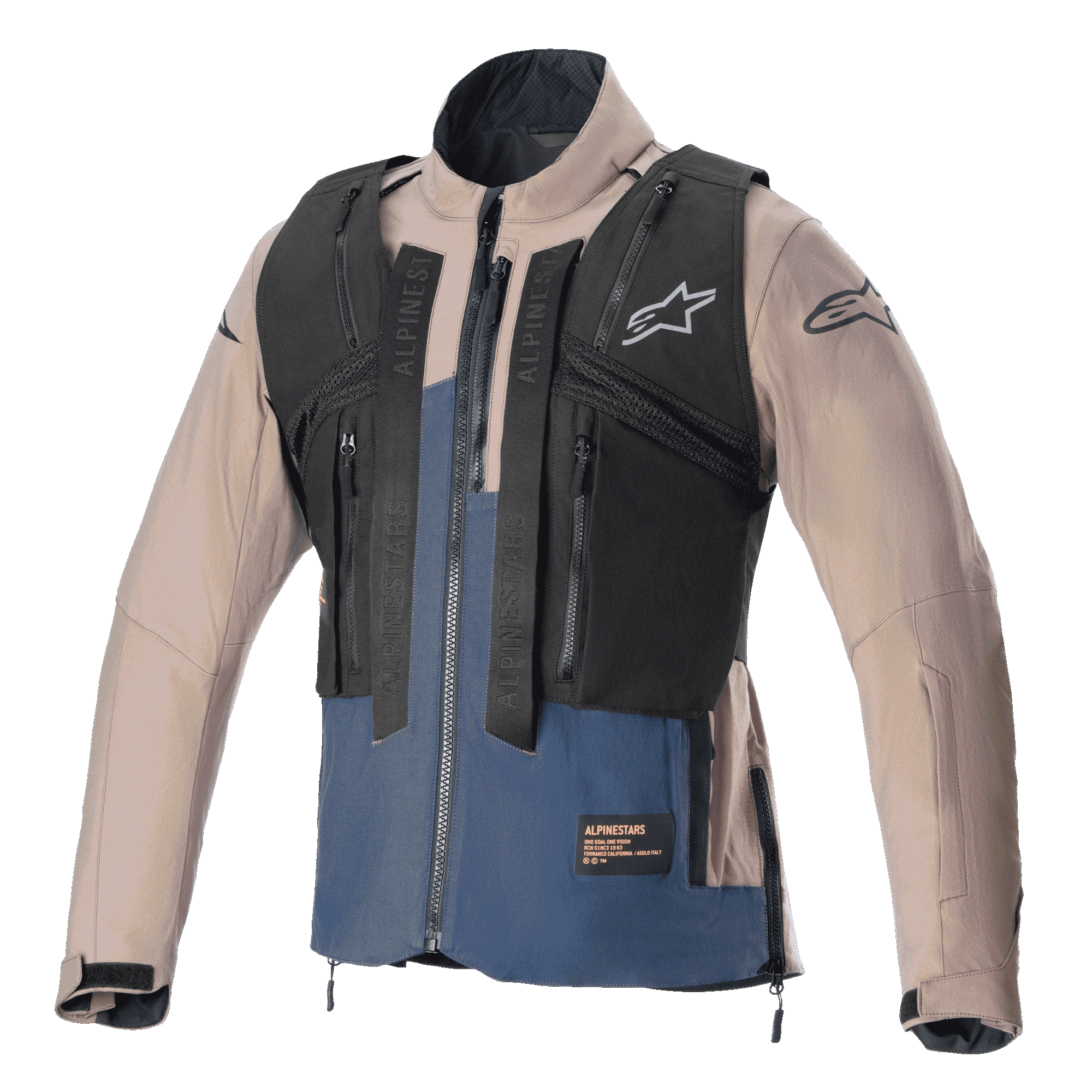 Alpinestars Techdura-jakke, Falcon Brown og Night Navy, med en aftagelig sort taktisk vest med flere lynlåslommer, robust stræk-polyamid-konstruktion, stjernelogo på brystet og ærmerne, designet til enduro- og terrænkørsel