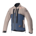 Alpinestars Techdura jakke, off-road motorcykeljakke, Falcon Brown og Night Navy, set forfra, tofarvet konstruktion med lodret sort Alpinestars-branding, orange logo på skulderen, høj krave og lynlås foran, teknisk beklædning til enduro- og adventure-kørsel
