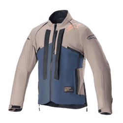 Alpinestars Techdura Jacket, Off-Road Motorcycle Jacket, Falcon Brown and Night Navy, front view, two-tone construction with vertical black Alpinestars branding, orange shoulder logo, high collar, and front zipper, technical apparel for enduro and adventure riding.