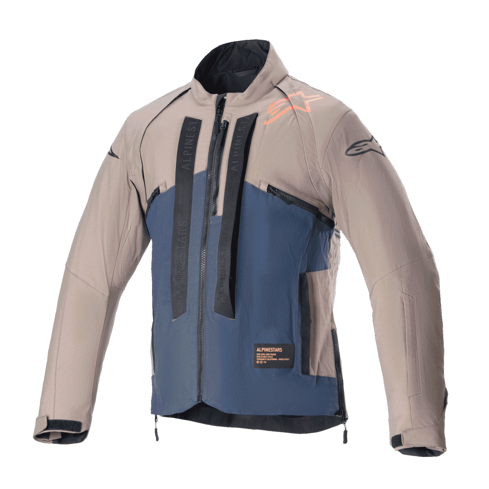 Alpinestars Techdura jakke, off-road motorcykeljakke, Falcon Brown og Night Navy, set forfra, tofarvet konstruktion med lodret sort Alpinestars-branding, orange logo på skulderen, høj krave og lynlås foran, teknisk beklædning til enduro- og adventure-kørsel