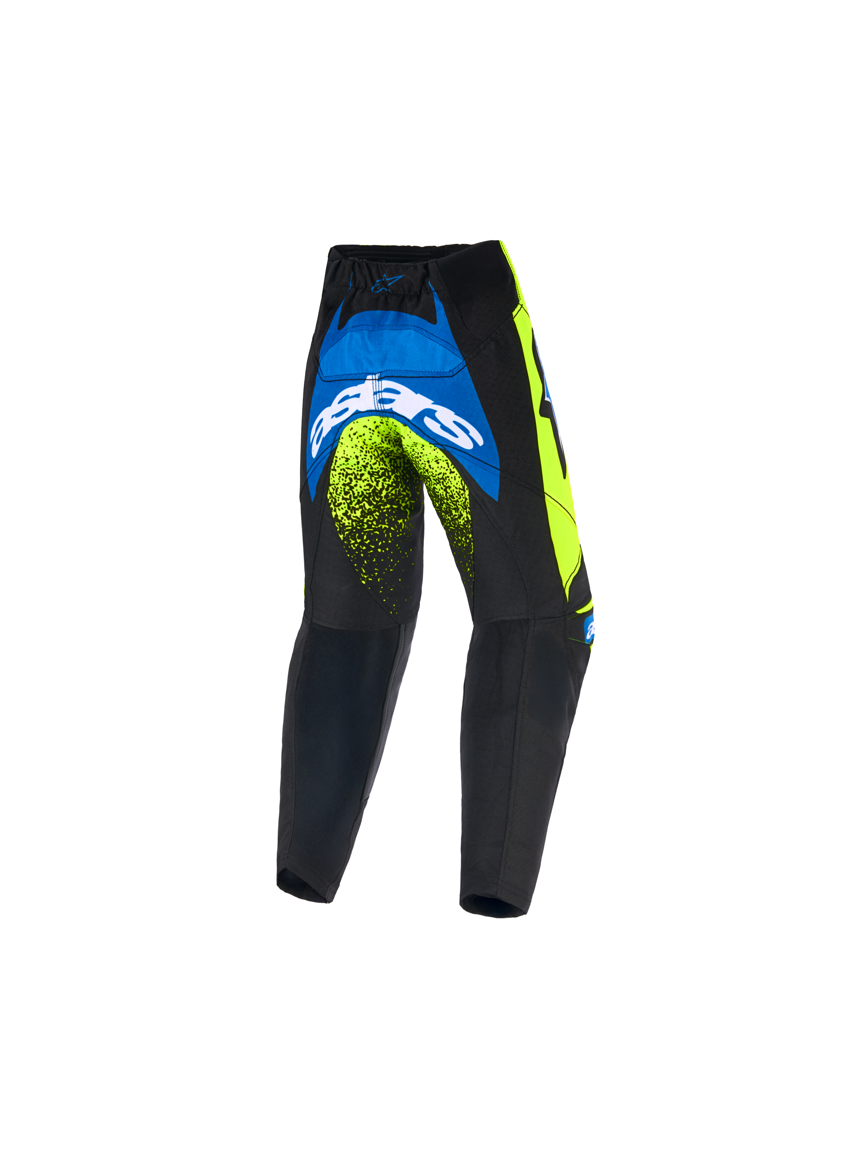 Alpinestars 2026 Kids Racer Nomur bukser, motocross-bukser til børn, mørkeblå, neon-gul og UCLA-blå, set bagfra med hvidt Astars-logo og neon-detaljer, holdbart design til off-road kørsel