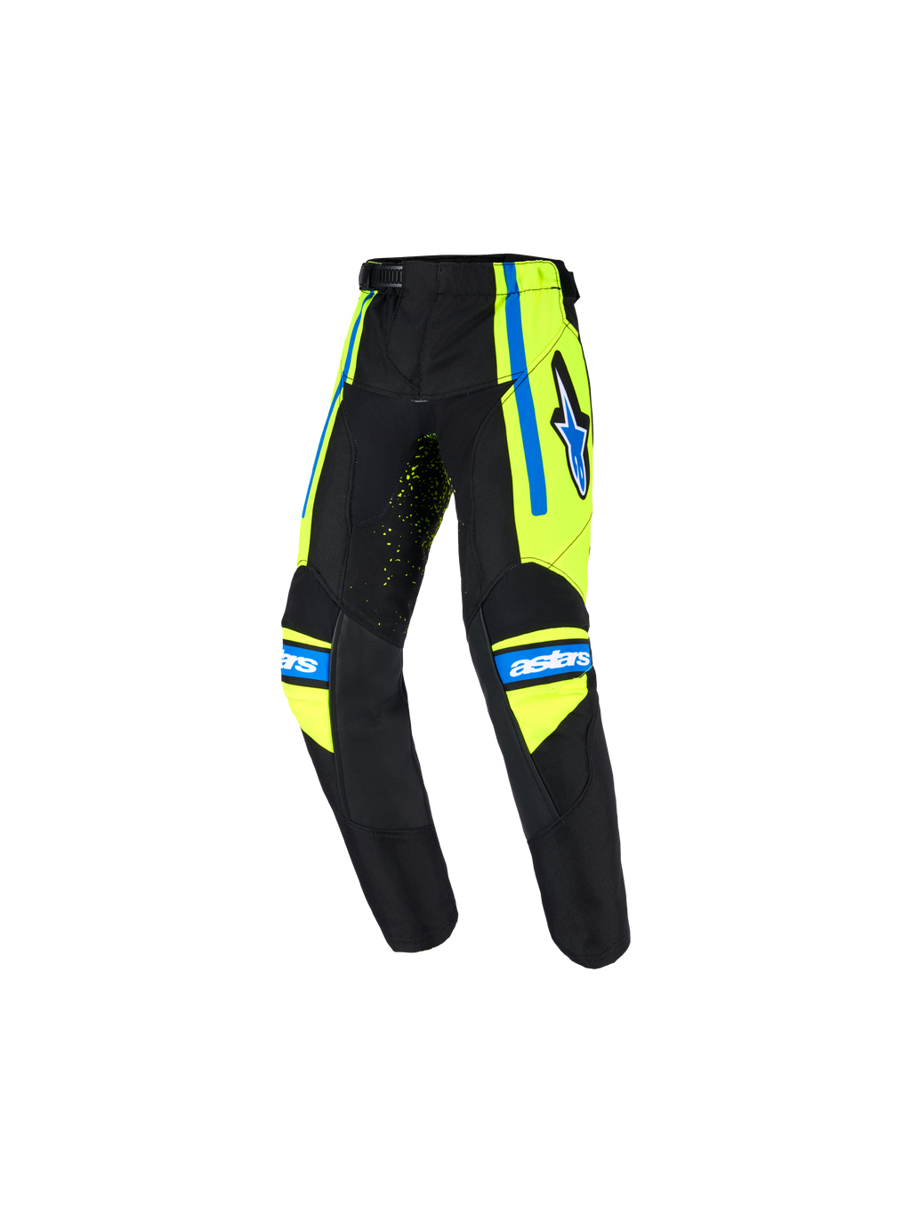 Alpinestars 2026 Kids Racer Nomur bukser, motocross-bukser til børn, mørkeblå med gul fluo og UCLA-blå detaljer, stjerne-logo på låret, 'astars'-branding på knæene, ergonomisk forbuet design til off-road kørsel
