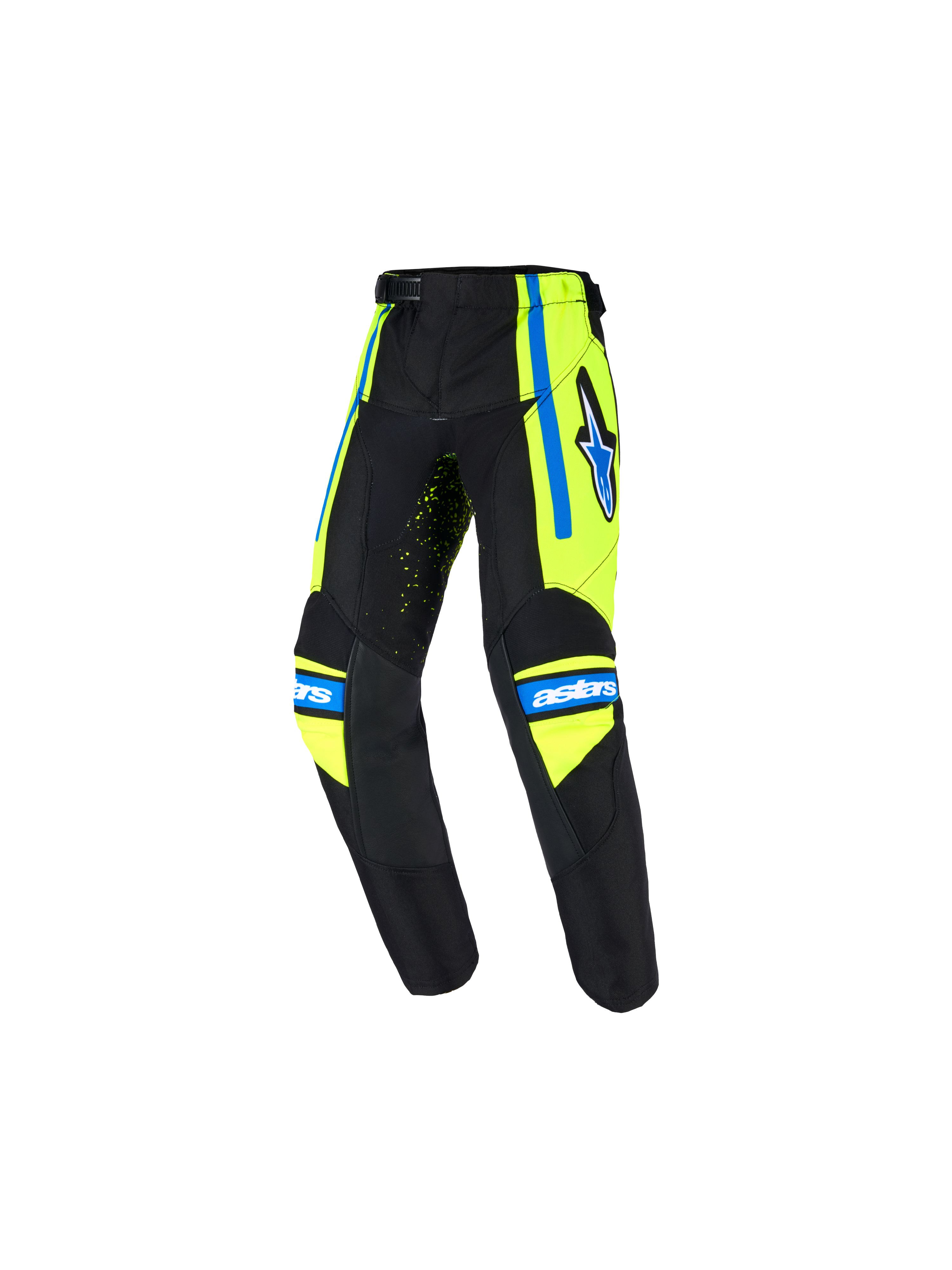 Alpinestars 2026 Kids Racer Nomur bukser, motocross-bukser til børn, mørkeblå med gul fluo og UCLA-blå detaljer, stjerne-logo på låret, 'astars'-branding på knæene, ergonomisk forbuet design til off-road kørsel