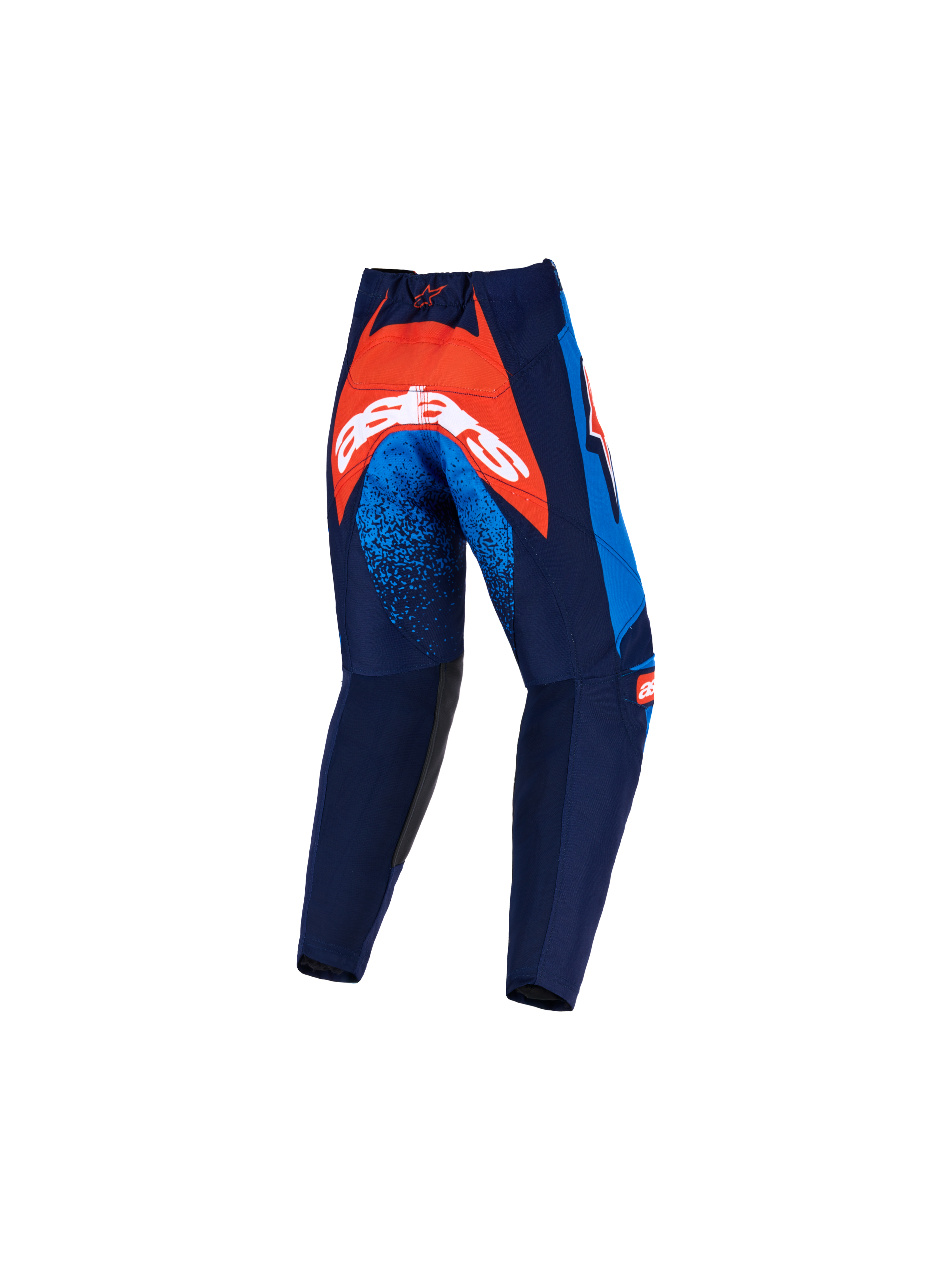 Alpinestars 2026 Kids Racer Nomur Pants, Motocross Pants, Dark Navy Orange and UCLA Blue, rear view featuring a large orange panel on the seat with white branding, blue speckled accents on the thighs, and durable textile construction for off-road riding.