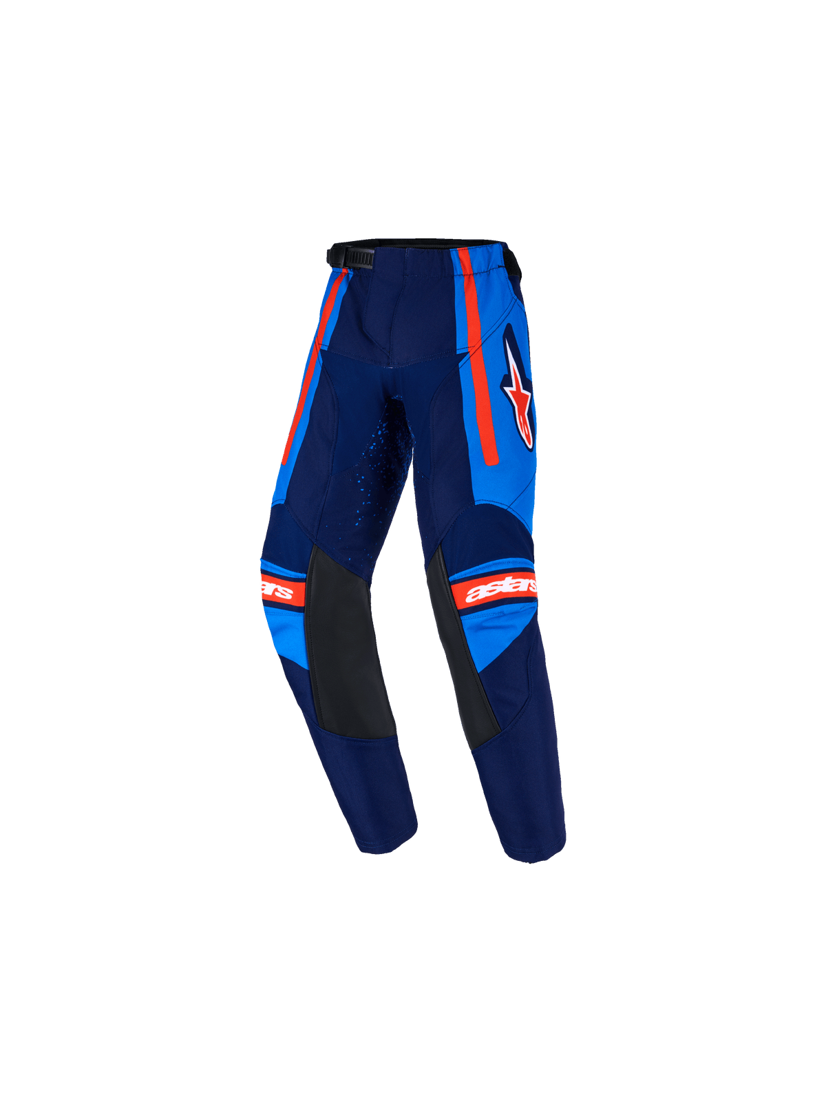 Alpinestars 2026 Kids Racer Nomur bukser, motocross-bukser til børn, mørkeblå og UCLA-blå med orange detaljer, sorte læderpaneler på indersiden af knæene, orange sidestriber, hvidt Astars-logo og forbøjet design til off-road racing