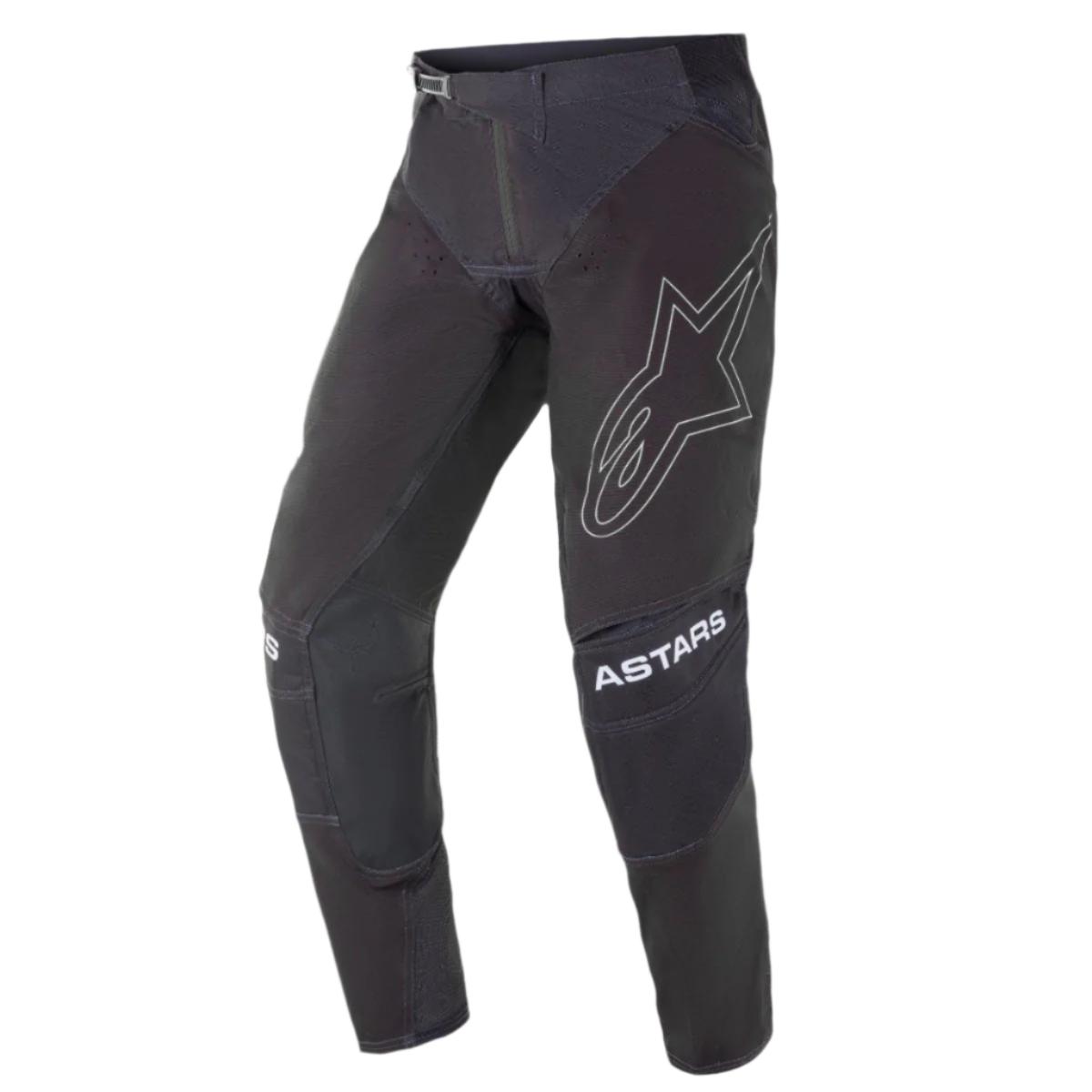 Alpinestars 2021 Techstar Phantom bukser, motocross-bukser, sort med hvide detaljer, stort omridset stjernelogo på låret, ASTARS-branding på knæene, teknisk rip-stop-stof med perforerede zoner og 3D Babel-knækonstruktion til off-road racing