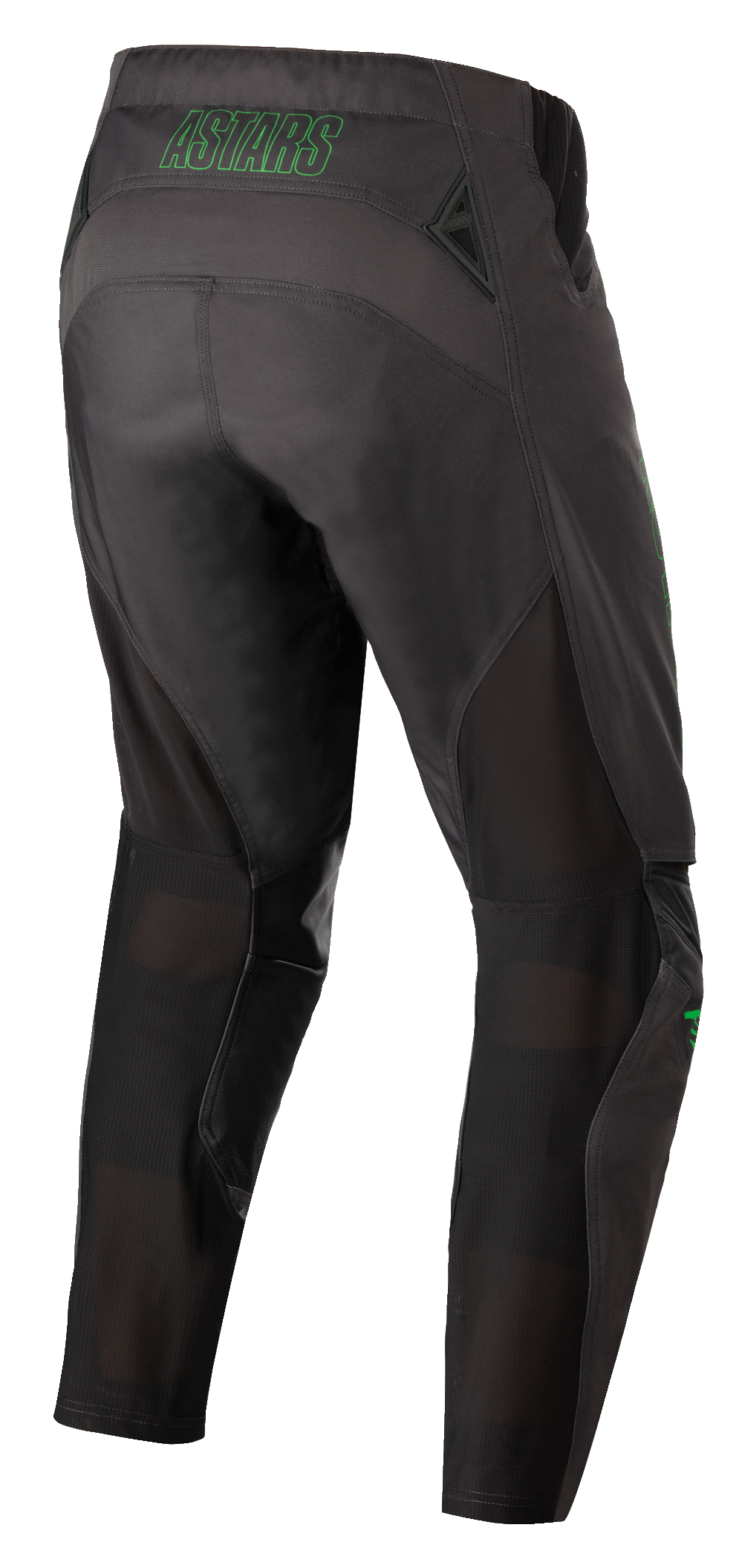 Alpinestars Techstar Phantom bukser, motocross-bukser, antracit og neon grøn, set bagfra med neon grøn 'ASTARS' branding på taljen, mesh-ventilationspaneler bag på benene og forstærket sæde for holdbarhed til off-road racing