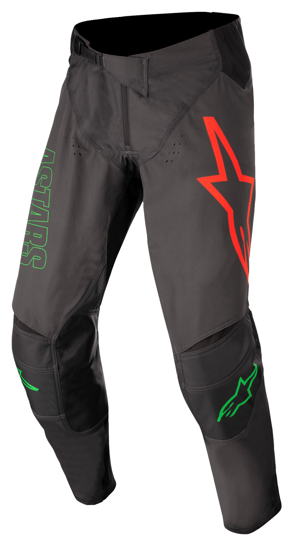 Alpinestars Techstar Phantom bukser, motocross-bukser, antracitgrå og neongrøn, stort rødt stjernelogo på venstre lår, grøn ASTARS-grafik på siden, forstærkede sorte knæpaneler, justerbar taljelukning med skraldespænde, slidstærkt præstationsudstyr til motocross