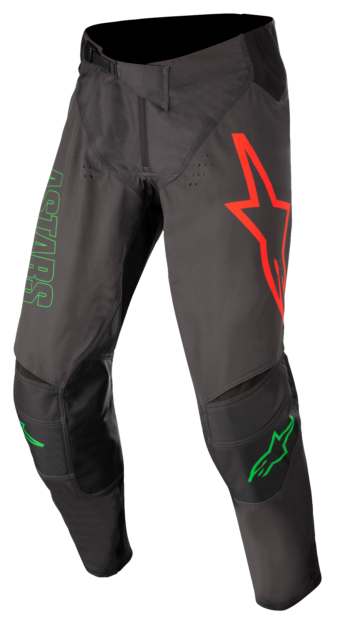 Alpinestars Techstar Phantom bukser, motocross-bukser, antracitgrå og neongrøn, stort rødt stjernelogo på venstre lår, grøn ASTARS-grafik på siden, forstærkede sorte knæpaneler, justerbar taljelukning med skraldespænde, slidstærkt præstationsudstyr til motocross