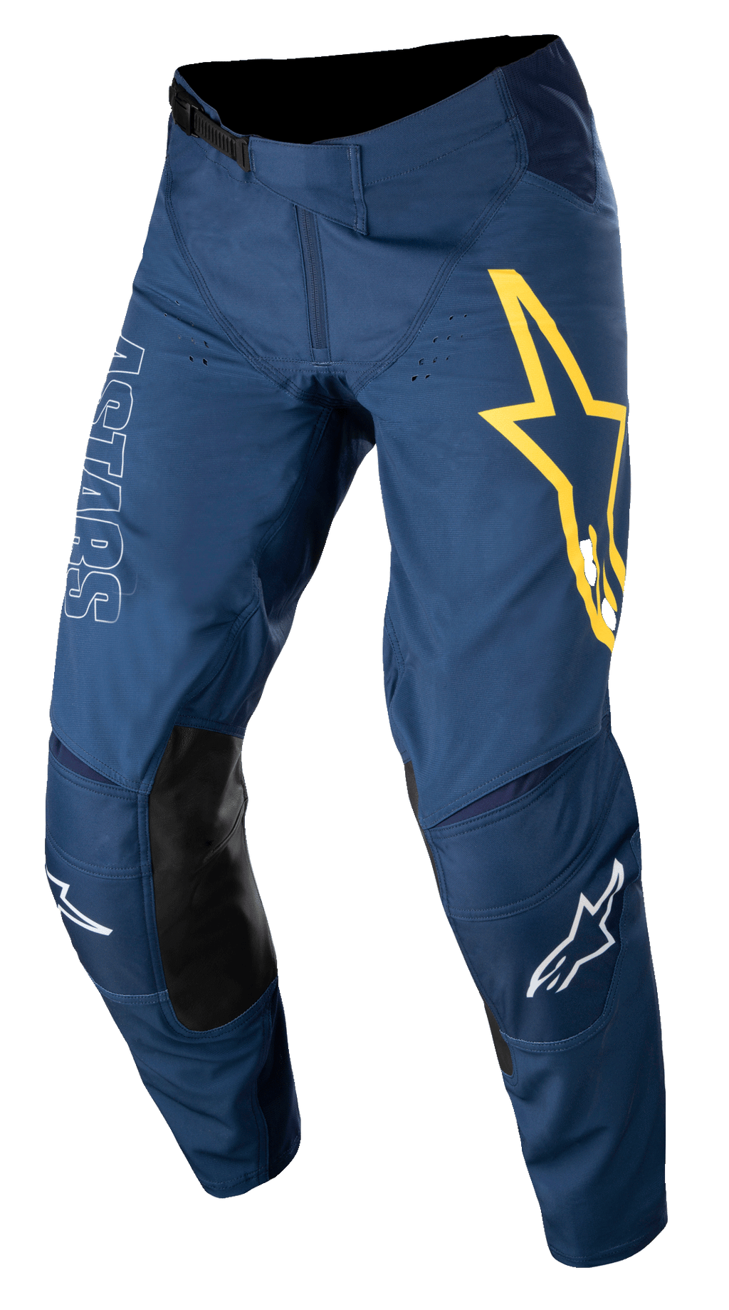 Alpinestars Techstar Phantom bukser, motocross-bukser, mørkeblå med gule og hvide detaljer, sorte læderpaneler på knæene, stort gult stjernelogo på låret, hvid ASTARS-branding, slidstærkt stretch ripstop-stof til off-road racing