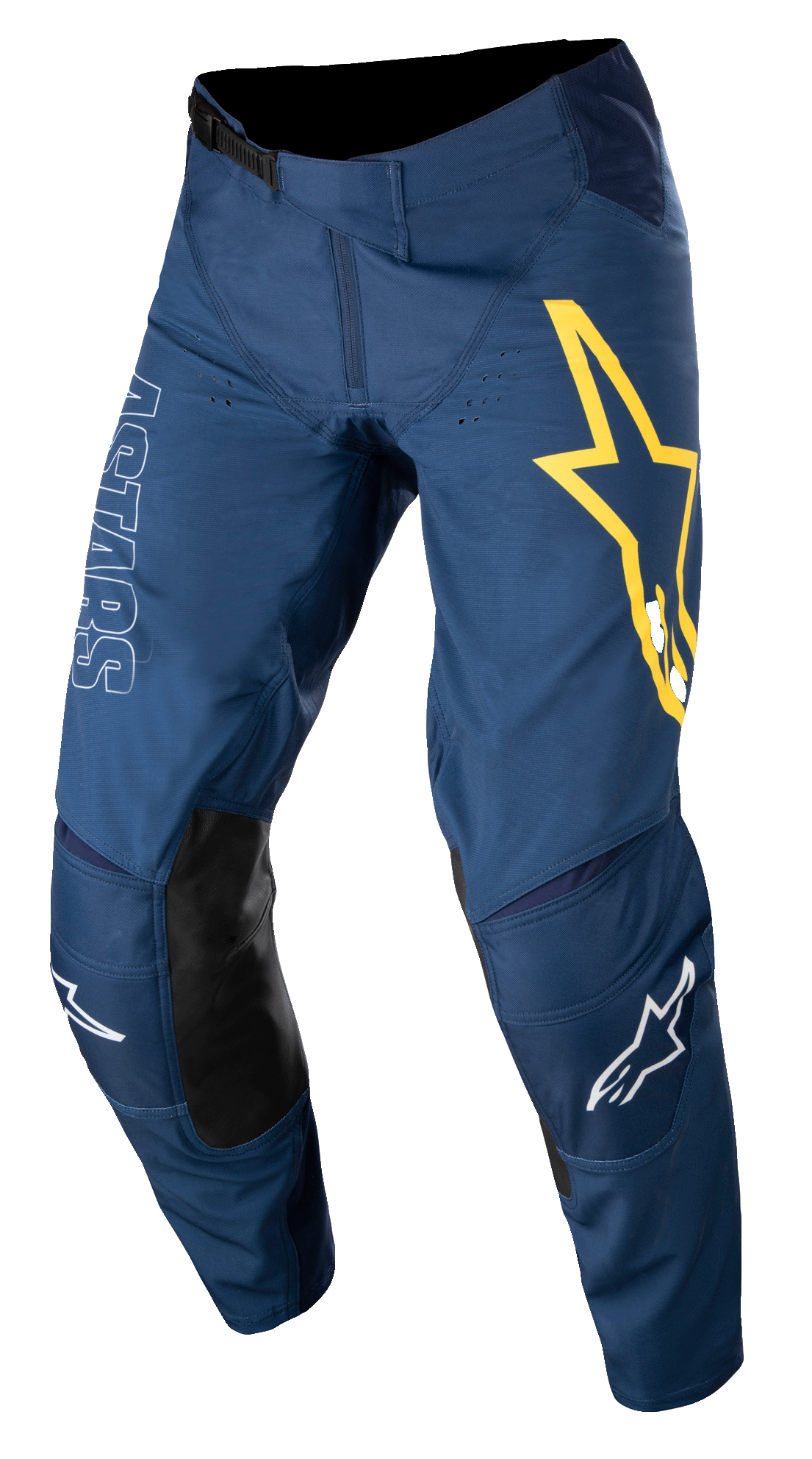 Alpinestars Techstar Phantom bukser, motocross-bukser, mørkeblå med gule og hvide detaljer, sorte læderpaneler på knæene, stort gult stjernelogo på låret, hvid ASTARS-branding, slidstærkt stretch ripstop-stof til off-road racing
