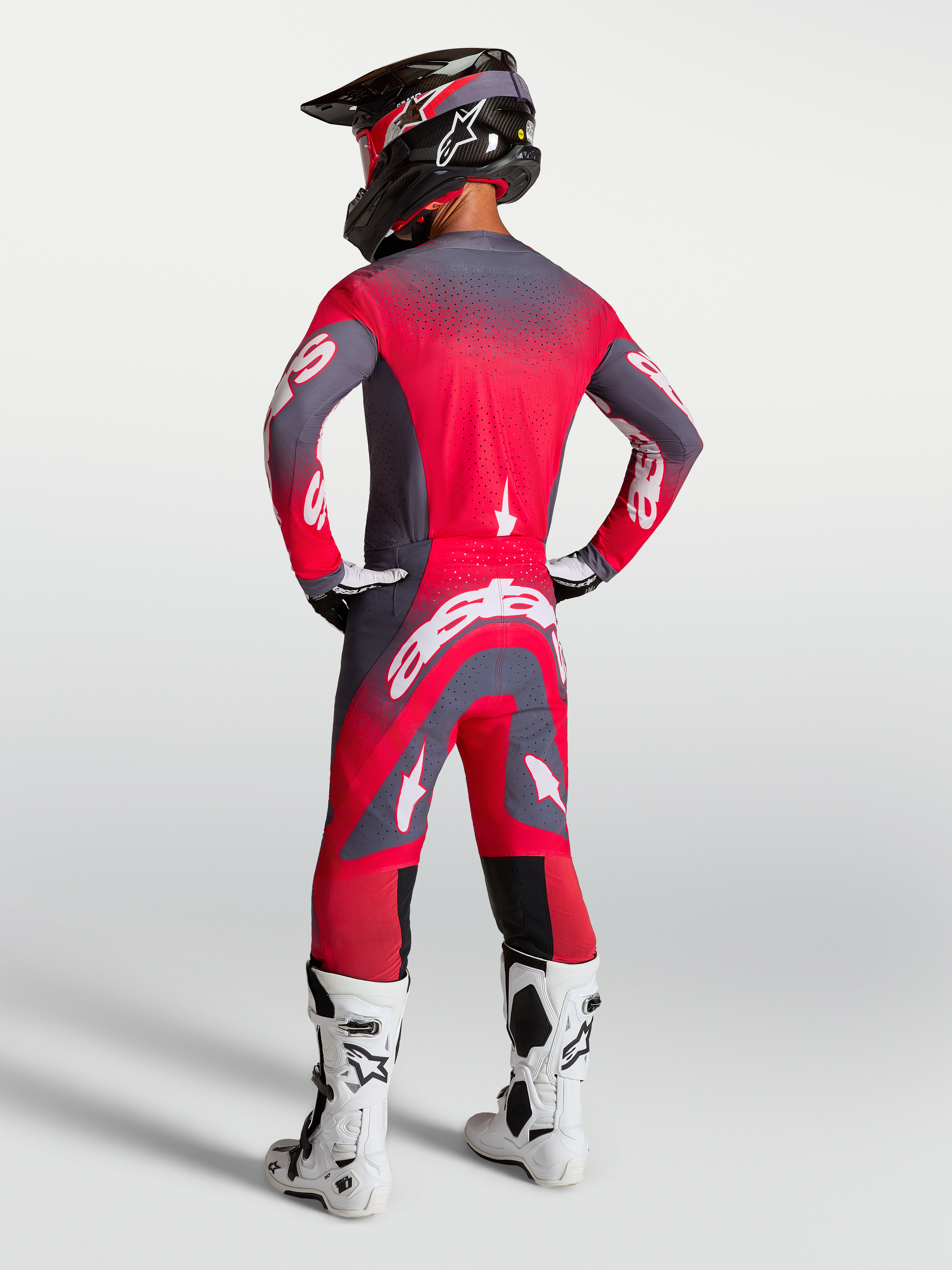 Alpinestars Supertech Hiten AFD Pants, Men's Motocross Pants, Graystone and Red Fluo, athletic fit, rear view on model.