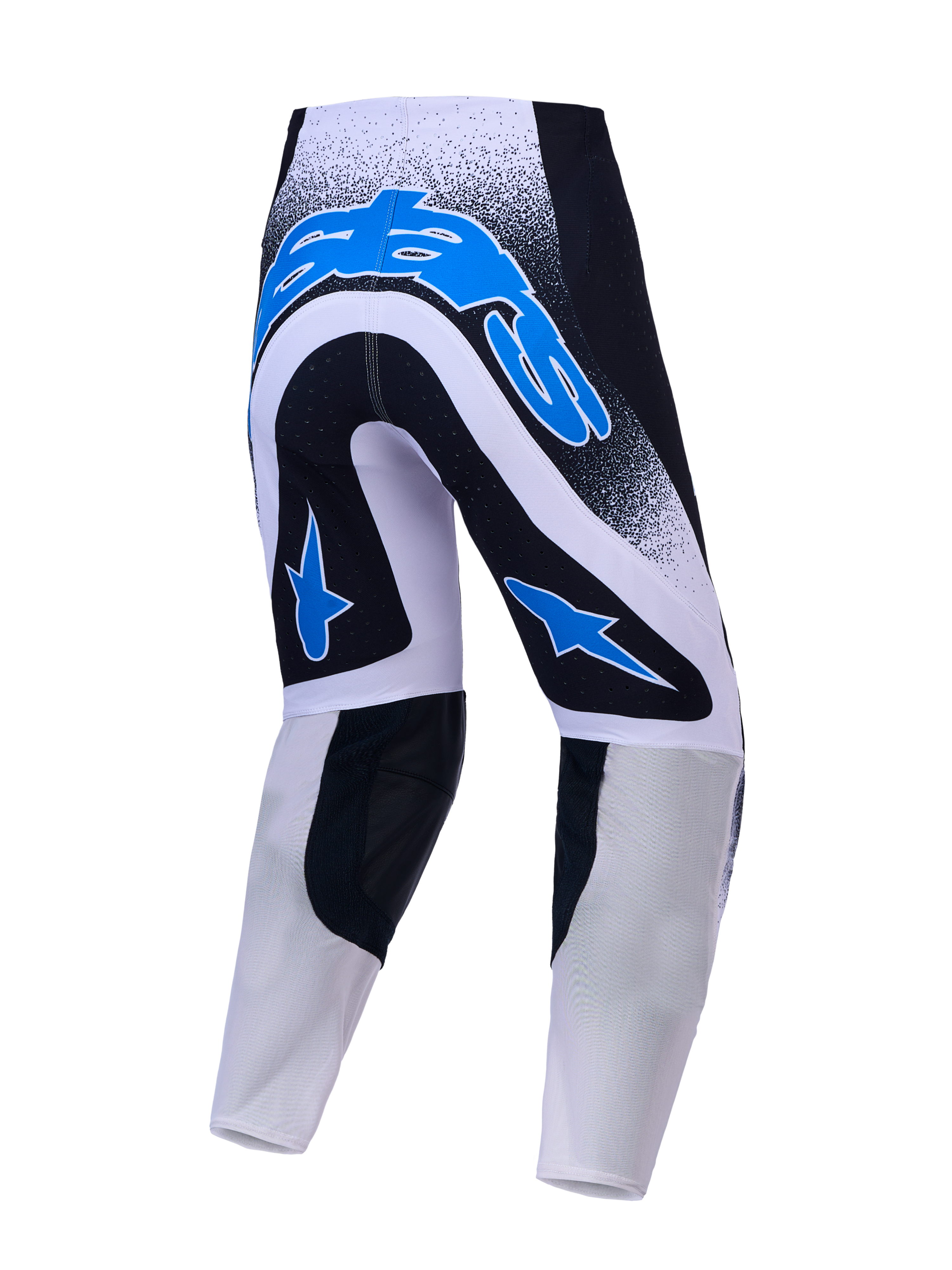 Alpinestars Supertech Hiten AFD motocrossbukser, professionelle terrænbukser set bagfra, sort, hvid og blå, med åndbar stretch-mesh-konstruktion