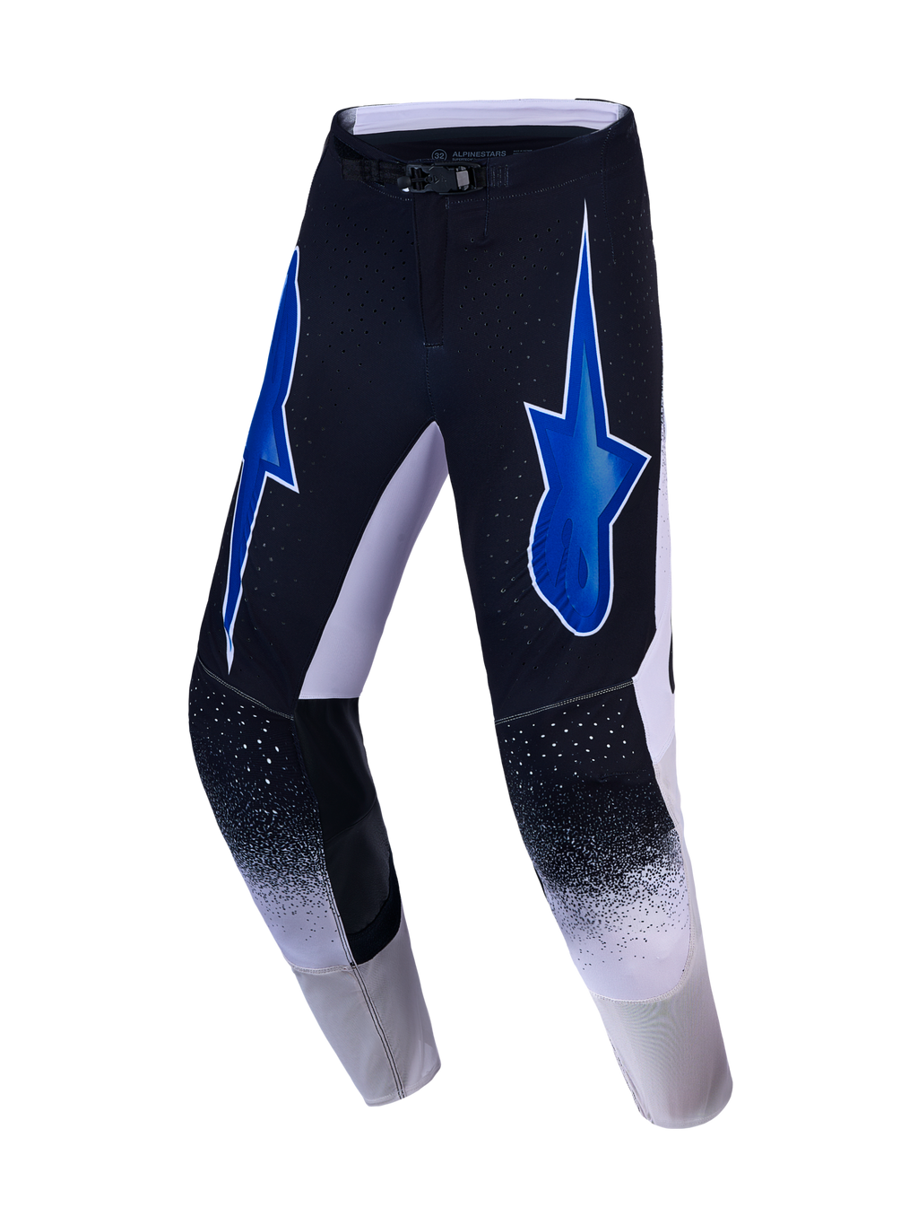 Alpinestars Supertech Hiten AFD motocrossbukser i sort og hvid med blå stjernegrafik og performance-ventilation.