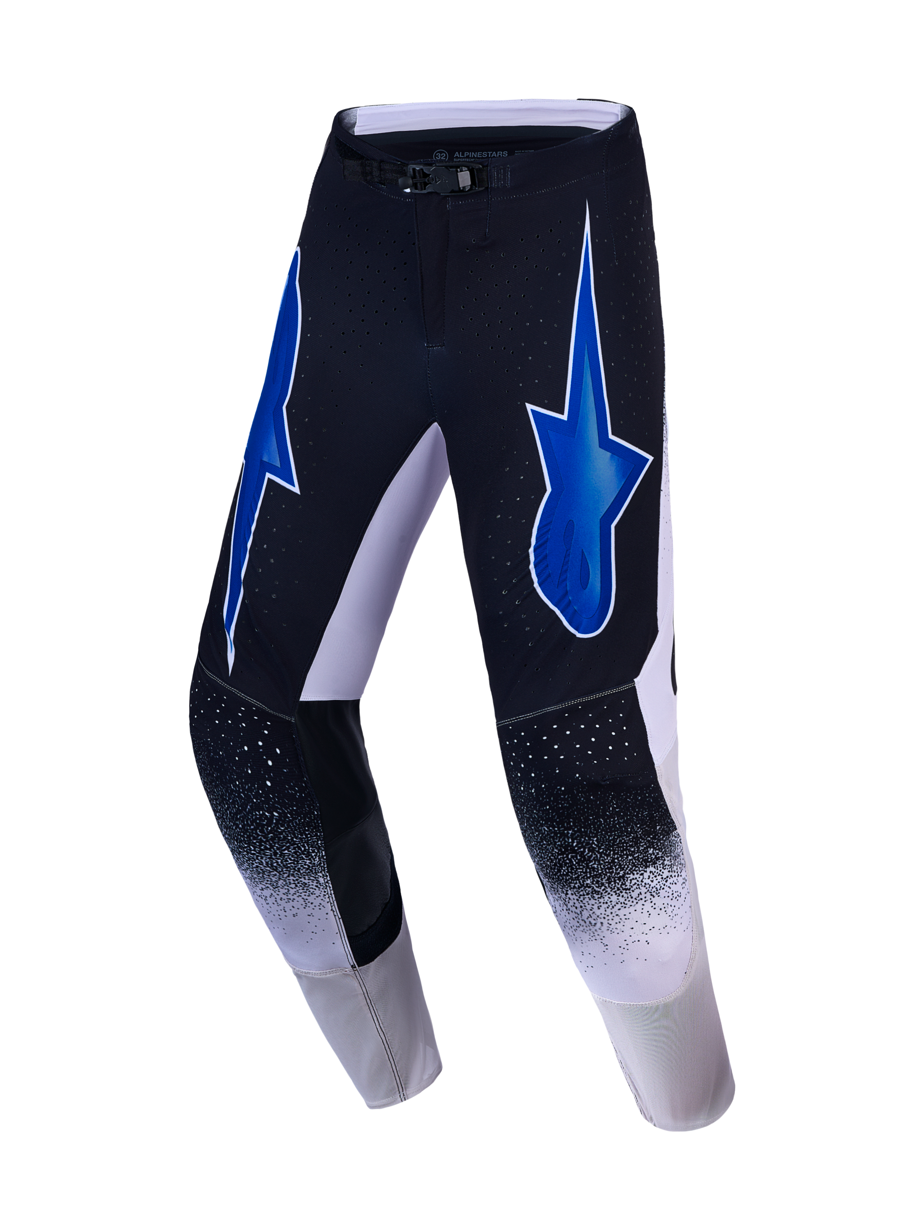 Alpinestars Supertech Hiten AFD motocrossbukser i sort og hvid med blå stjernegrafik og performance-ventilation.