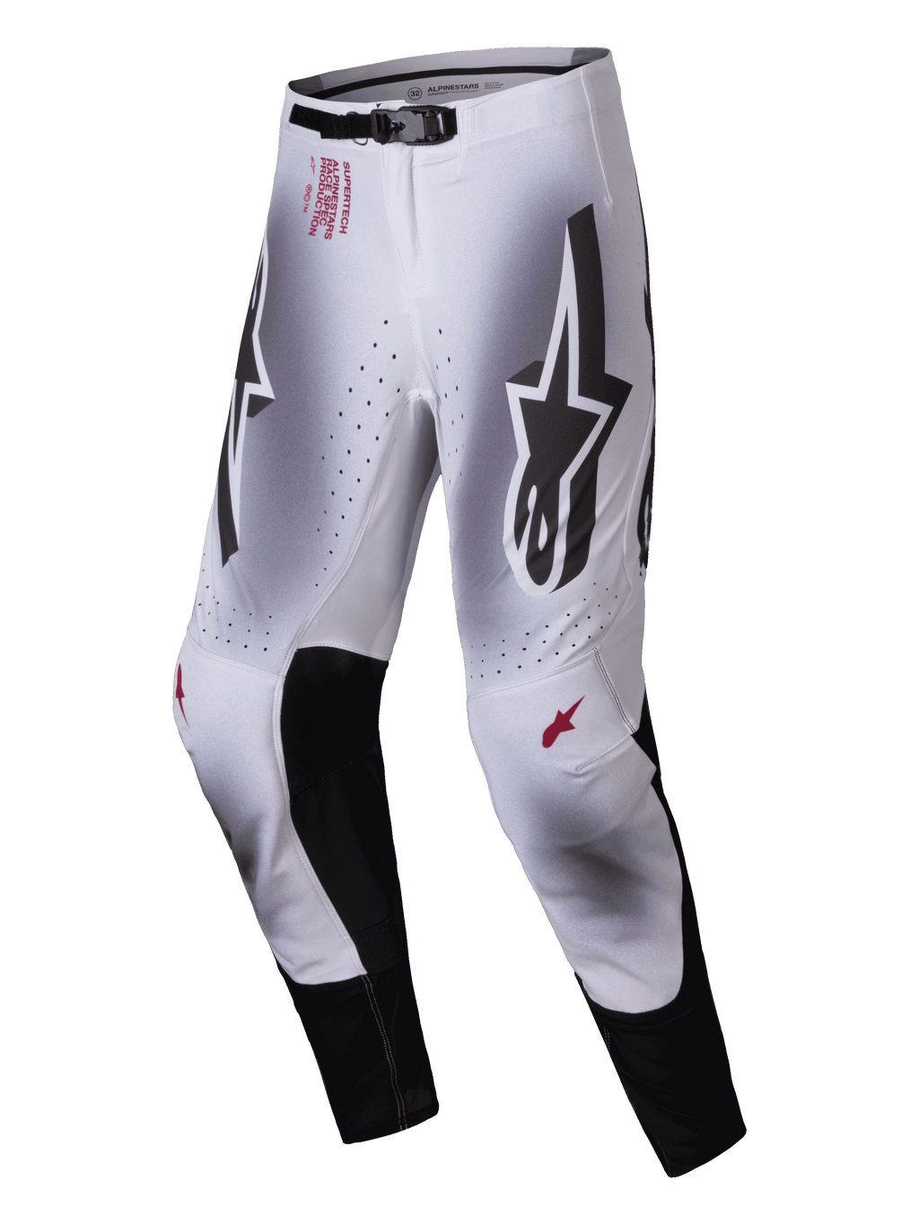 Alpinestars 2025 Supertech Maker bukser, motocross-bukser, sølv og sort, med store sorte Astars-logoer på lårene, rød teknisk branding på hoften, sorte indvendige knæpaneler i læder og perforerede ventilationszoner.