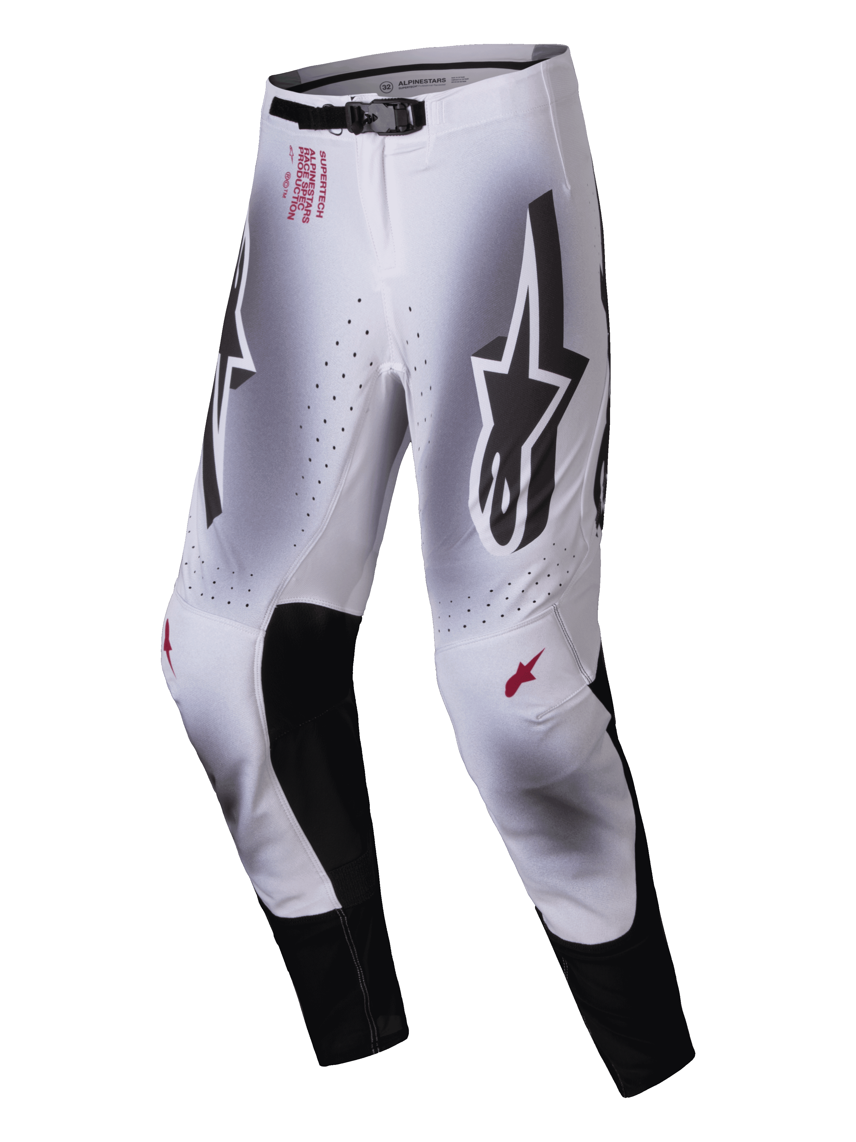 Alpinestars 2025 Supertech Maker bukser, motocross-bukser, sølv og sort, med store sorte Astars-logoer på lårene, rød teknisk branding på hoften, sorte indvendige knæpaneler i læder og perforerede ventilationszoner.