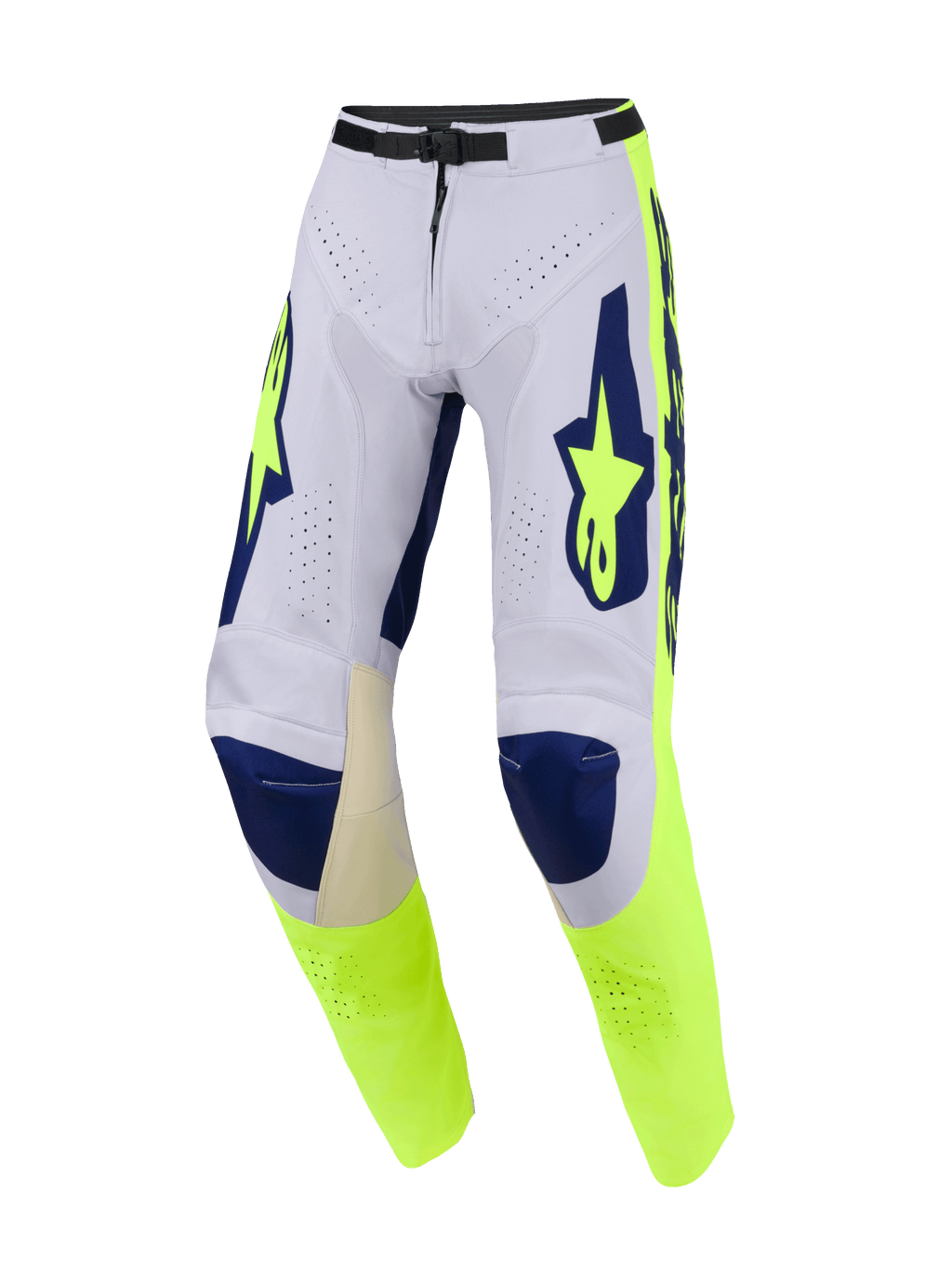 Alpinestars 2026 Racer Air Riway bukser, motocrossbukser, lysegrå, gul fluo og blå, med omfattende perforeringer for luftstrøm, mørkeblå knæpartier og fluorescerende gule sidepaneler med markant branding, performance off-road-design