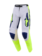 Alpinestars 2026 Racer Air Riway bukser, motocrossbukser, lysegrå, gul fluo og blå, med omfattende perforeringer for luftstrøm, mørkeblå knæpartier og fluorescerende gule sidepaneler med markant branding, performance off-road-design
