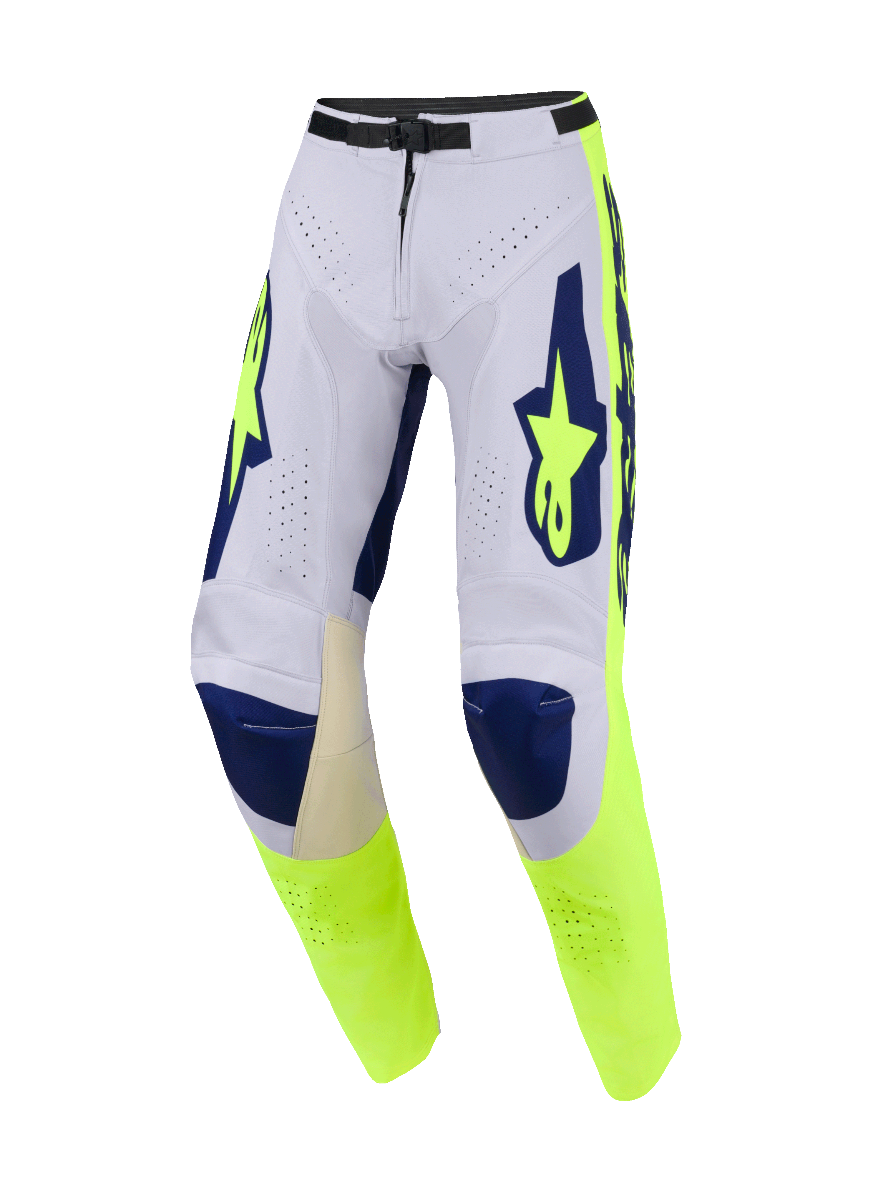 Alpinestars 2026 Racer Air Riway bukser, motocrossbukser, lysegrå, gul fluo og blå, med omfattende perforeringer for luftstrøm, mørkeblå knæpartier og fluorescerende gule sidepaneler med markant branding, performance off-road-design