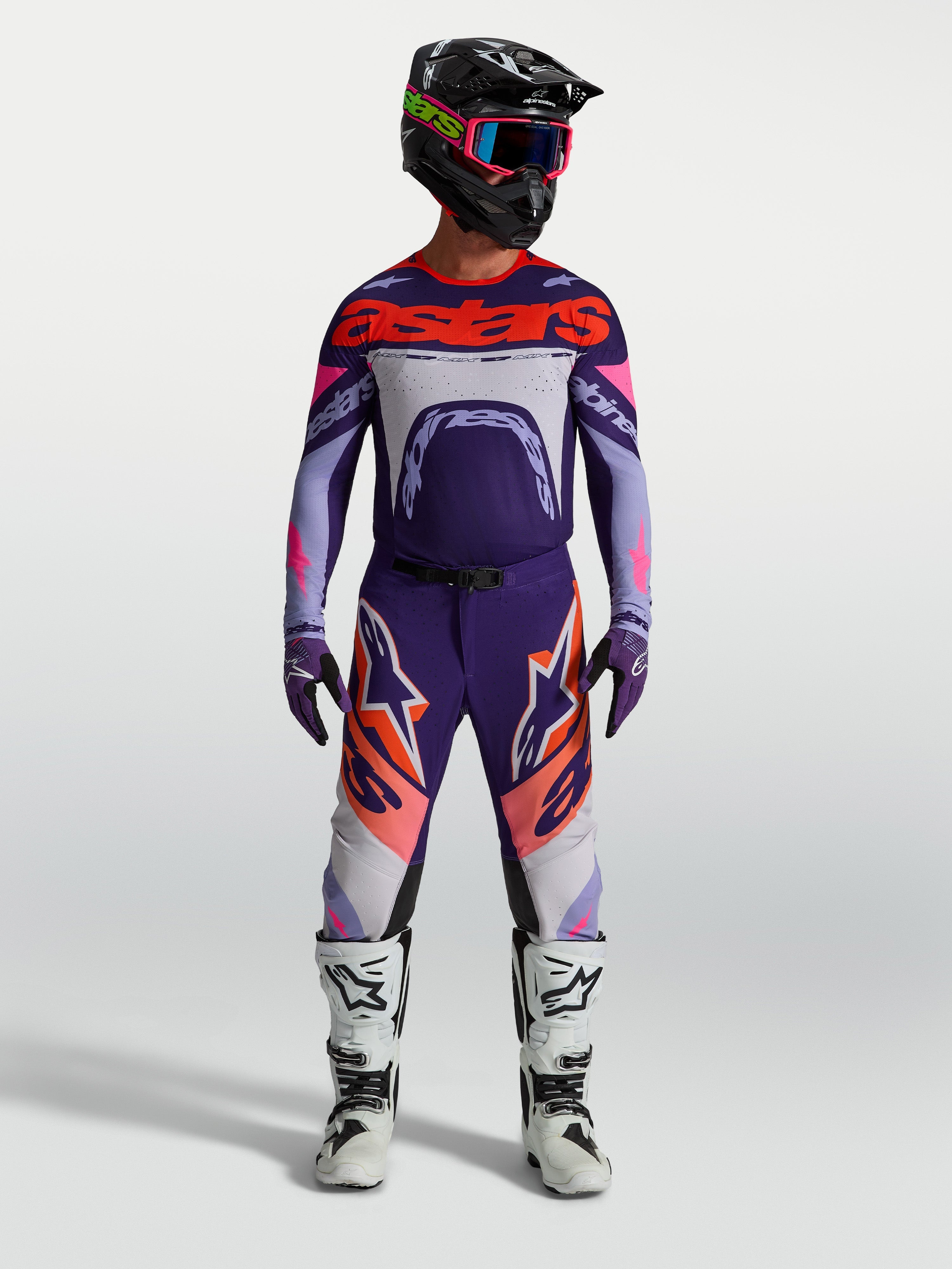 Alpinestars Supertech Dyna Gear Set og bukser, herre-motocrossudstyr i lilla og pink fluo, atletisk racingpasform