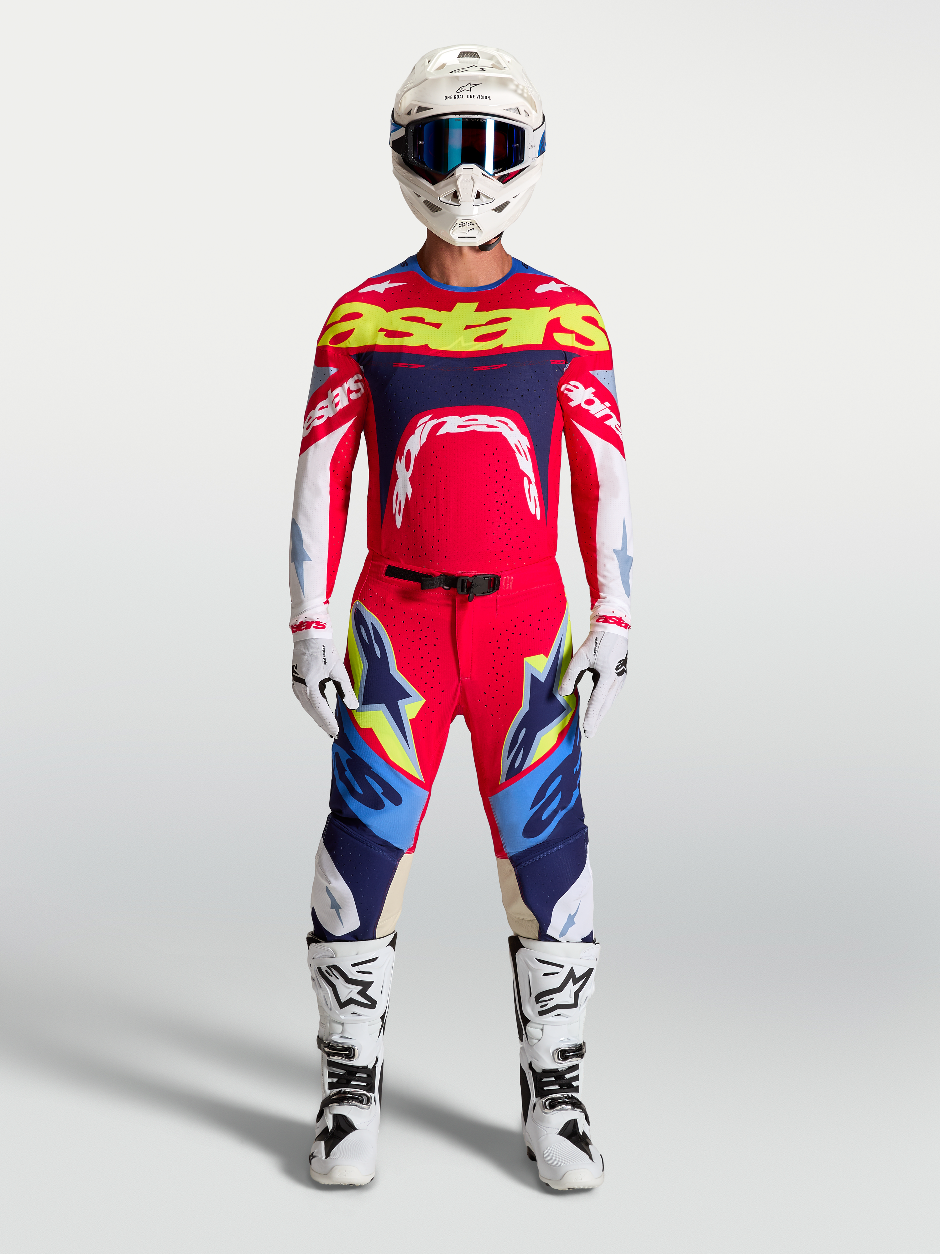 Alpinestars Supertech Dyna Gear Set and Pants, Men's Motocross Racing Gear, Red and Navy Blue, athletic pro-rider fit.