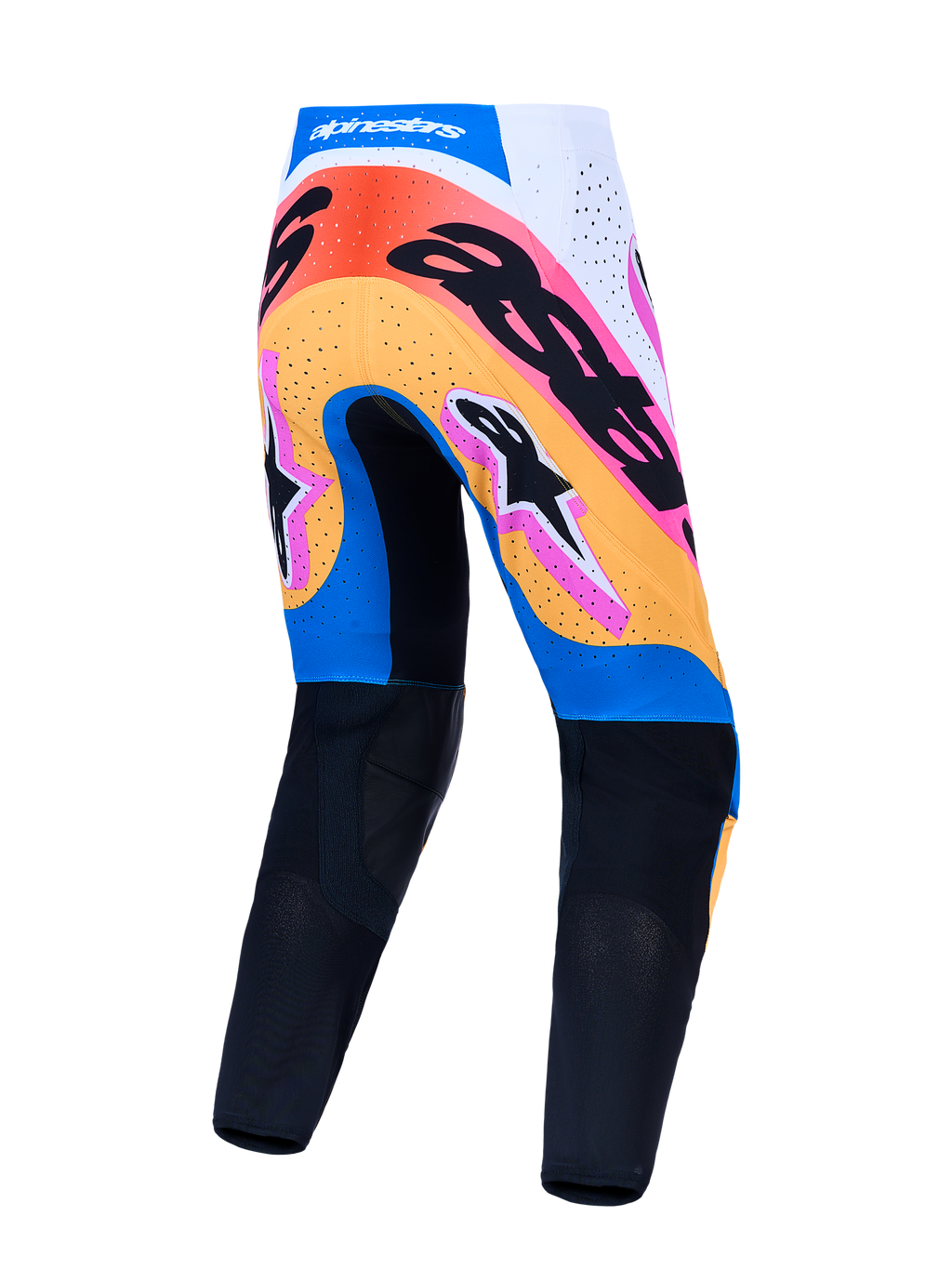 Alpinestars Supertech Dyna herre-motocrossbukser, blå og orange, bagfra med perforerede paneler og racingpasform.