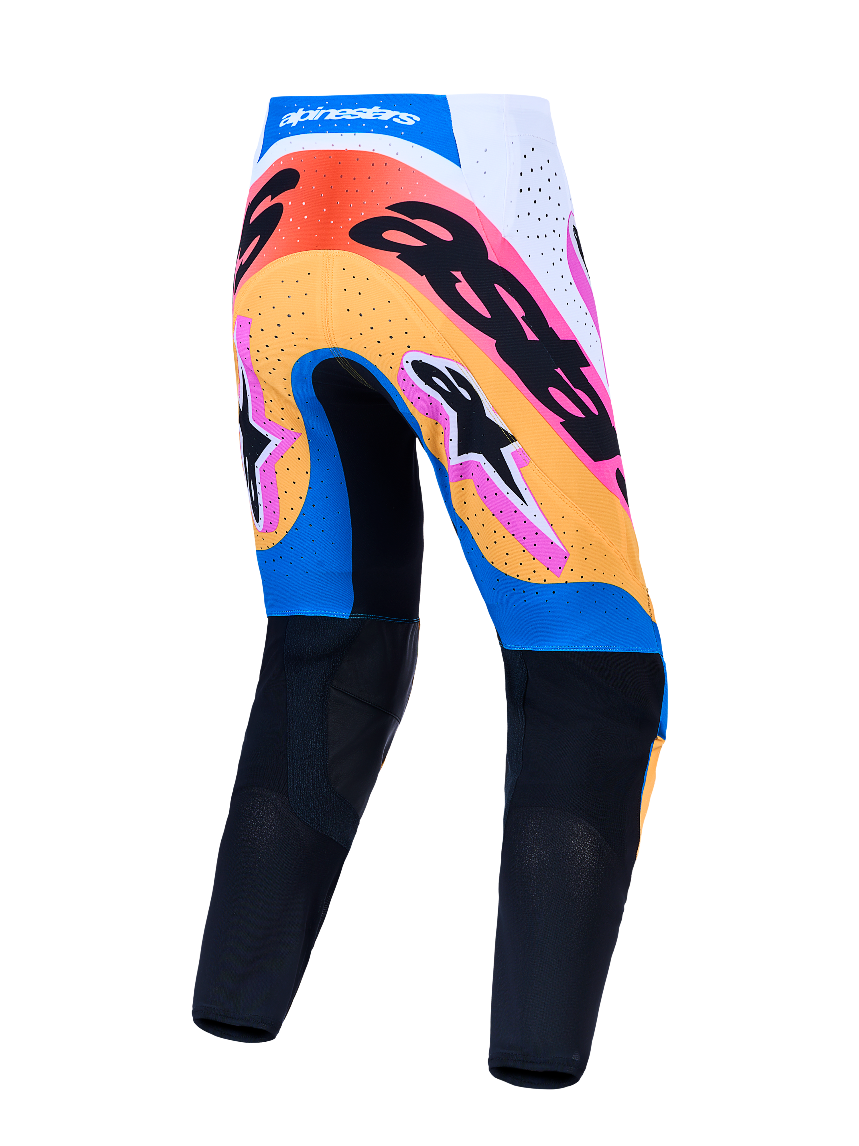 Alpinestars Supertech Dyna herre-motocrossbukser, blå og orange, bagfra med perforerede paneler og racingpasform.