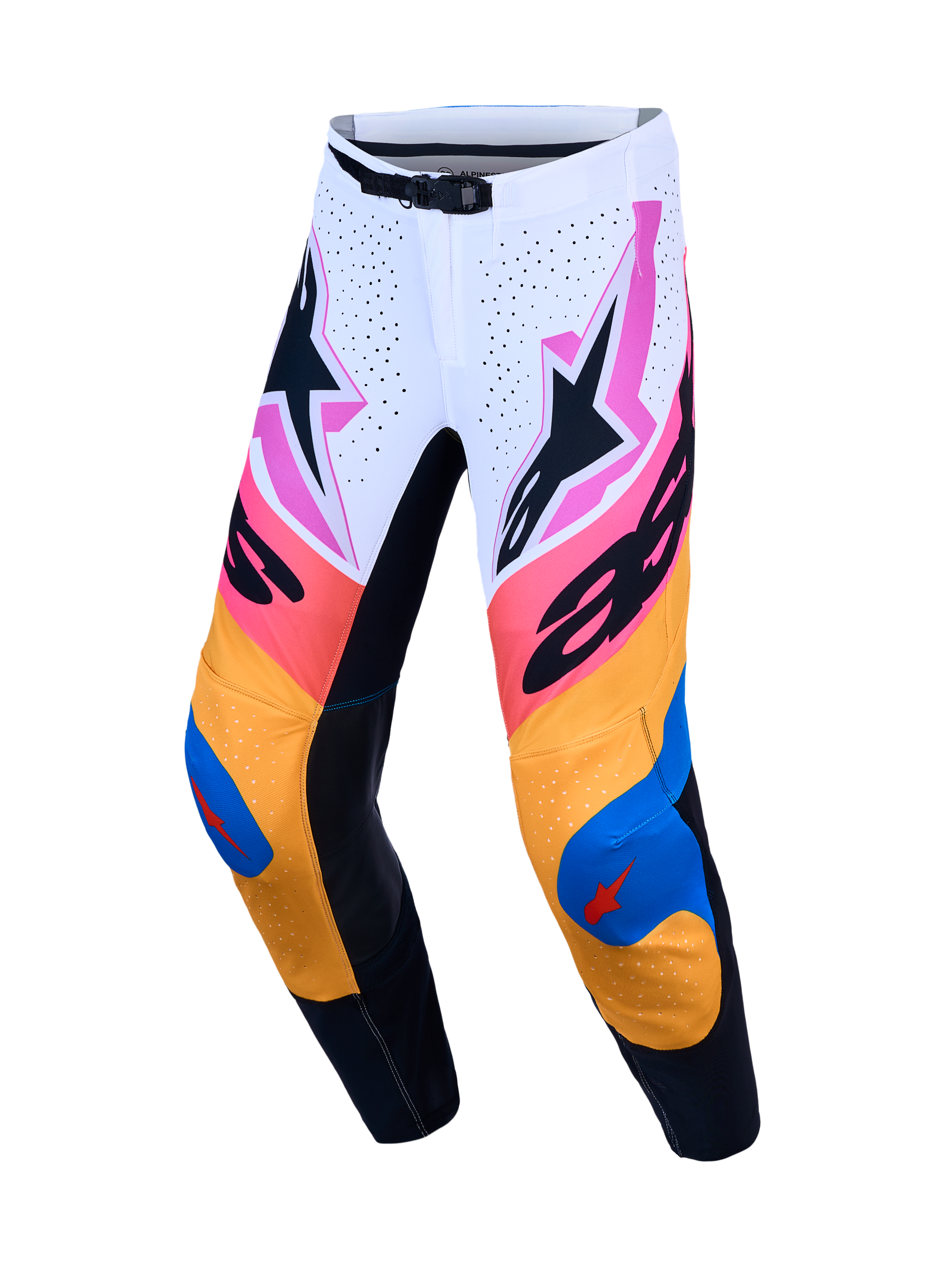 Alpinestars Supertech Dyna bukser, herre-motocrossbukser, hvid og blå med farverig grafik, letvægts stretch ripstop.