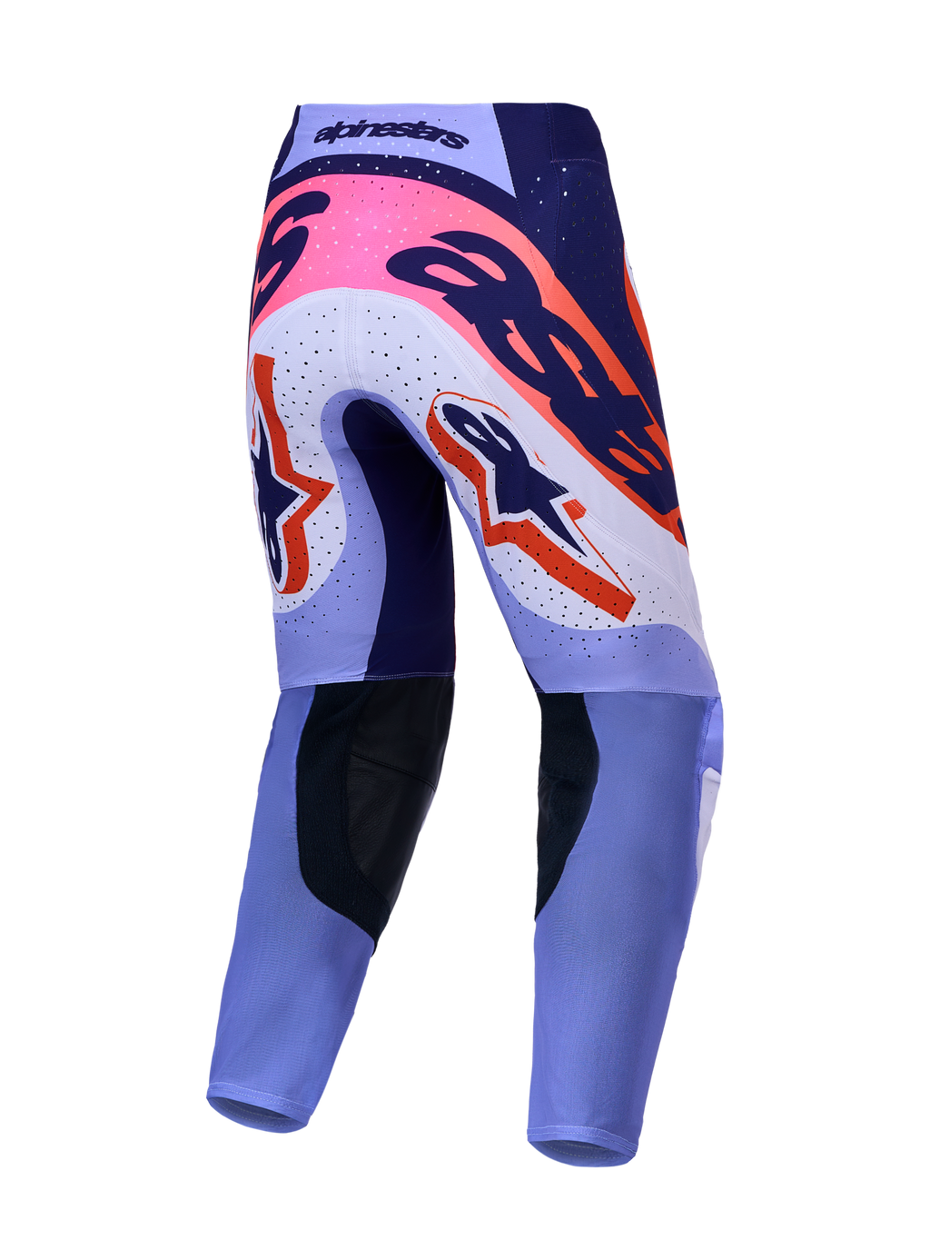 Alpinestars Supertech Dyna motocrossbukser, set bagfra, i lys og mørk lilla med pink fluo-detaljer.