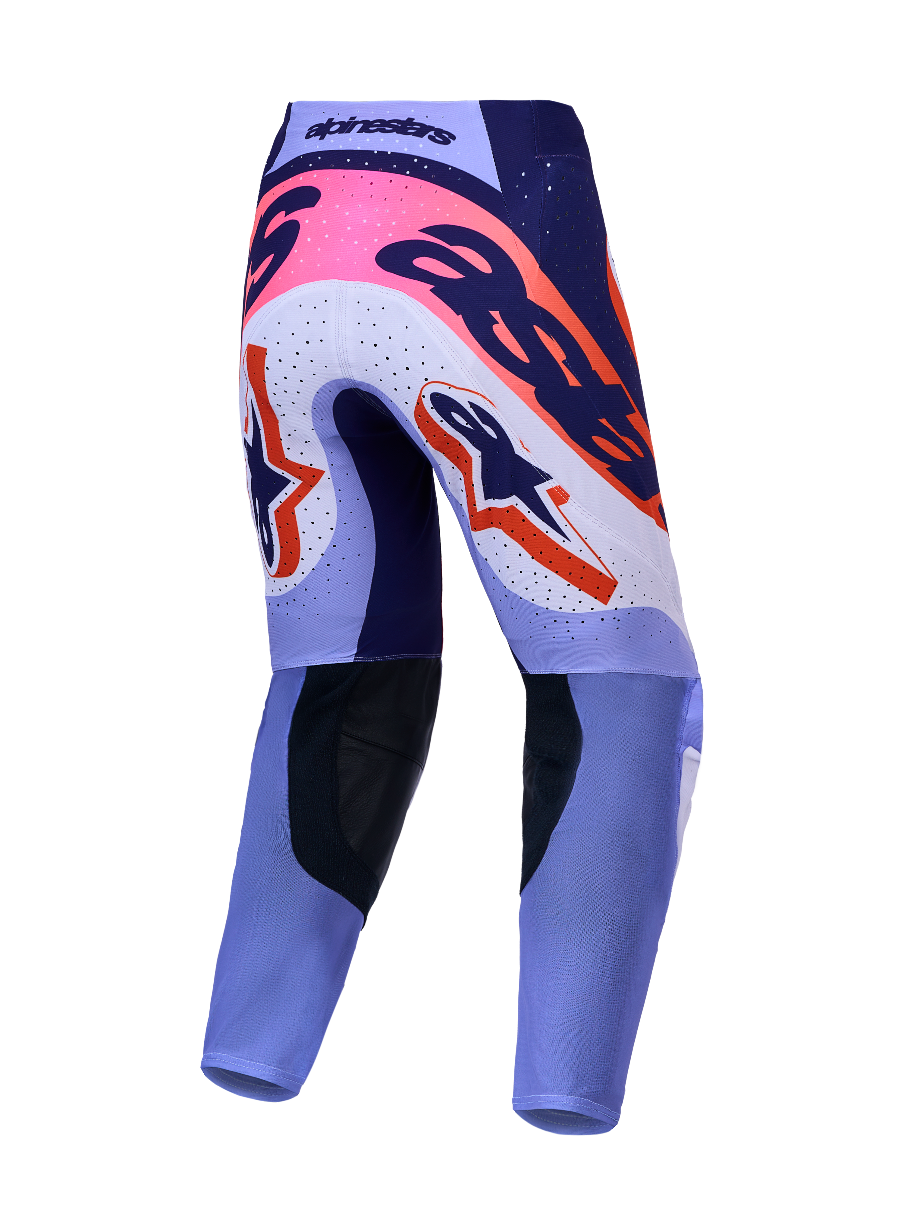Alpinestars Supertech Dyna motocrossbukser, set bagfra, i lys og mørk lilla med pink fluo-detaljer.