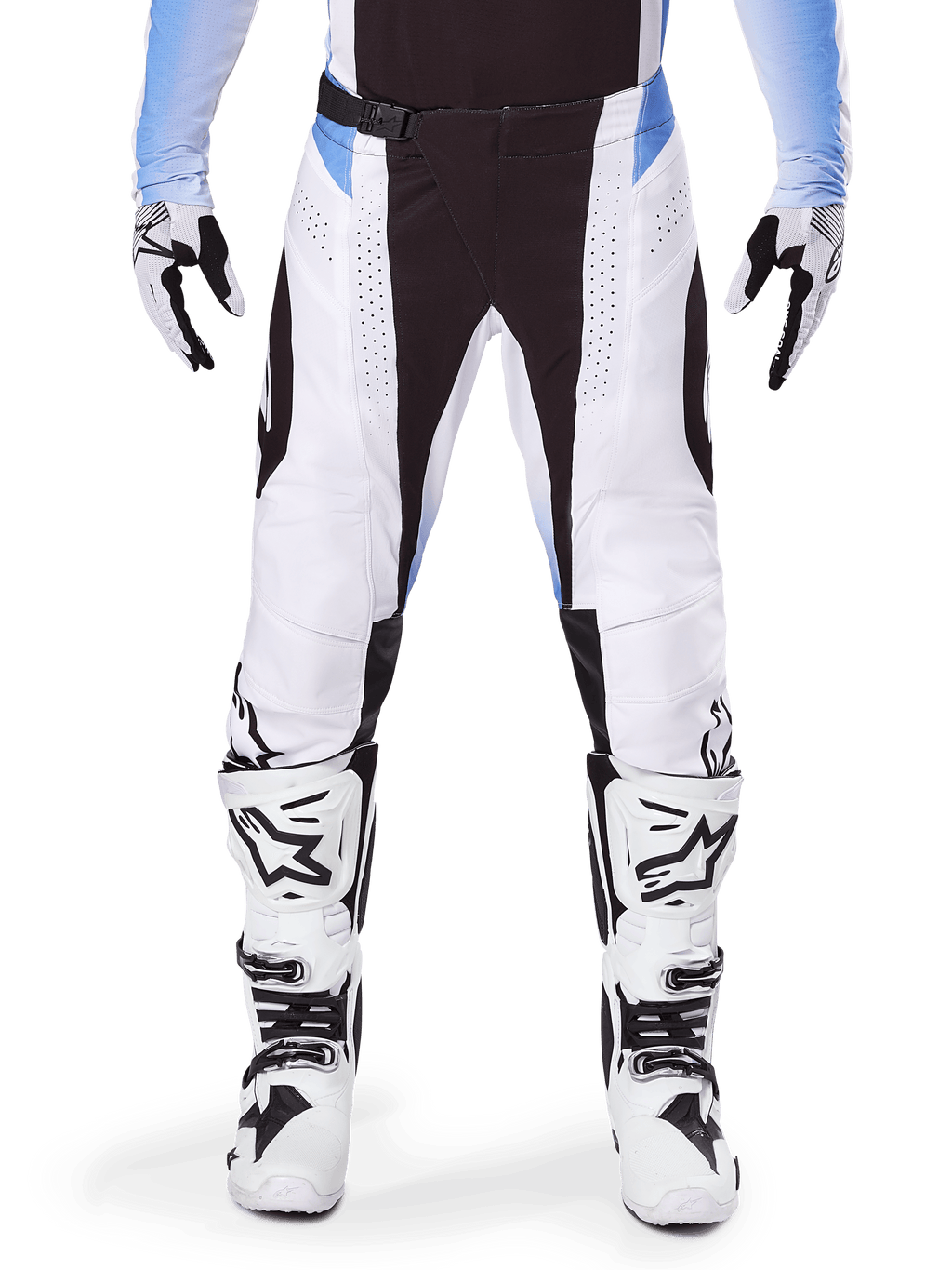 Alpinestars 2025 Techstar Melt Pants, Motocross Pants, White and Black with Light Blue accents, worn with matching white and black boots and gloves, featuring laser-cut perforations and high-performance racing design.