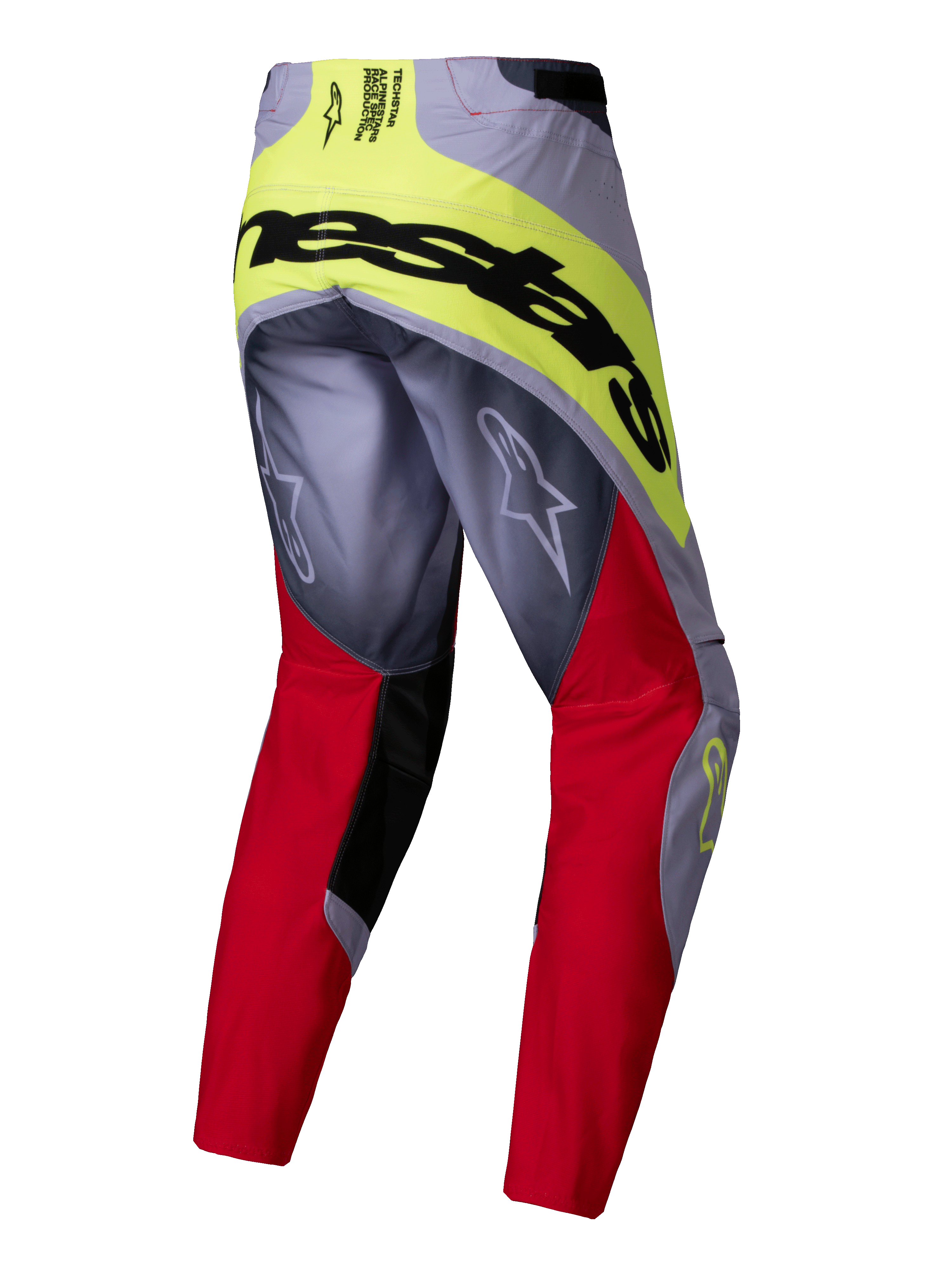 Alpinestars 2025 Techstar Melt Pants, Motocross Pants, Bright Red and Gray with Neon Yellow accents, rear view showing large black Alpinestars branding on the seat, Astars logos on the legs, durable multi-material design for off-road racing