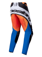 Alpinestars 2025 Techstar Melt Pants, Motocross Pants, Orange Blue and White, rear view featuring large black Alpinestars branding on a white back panel, orange seat with red star logos, and blue lower legs.