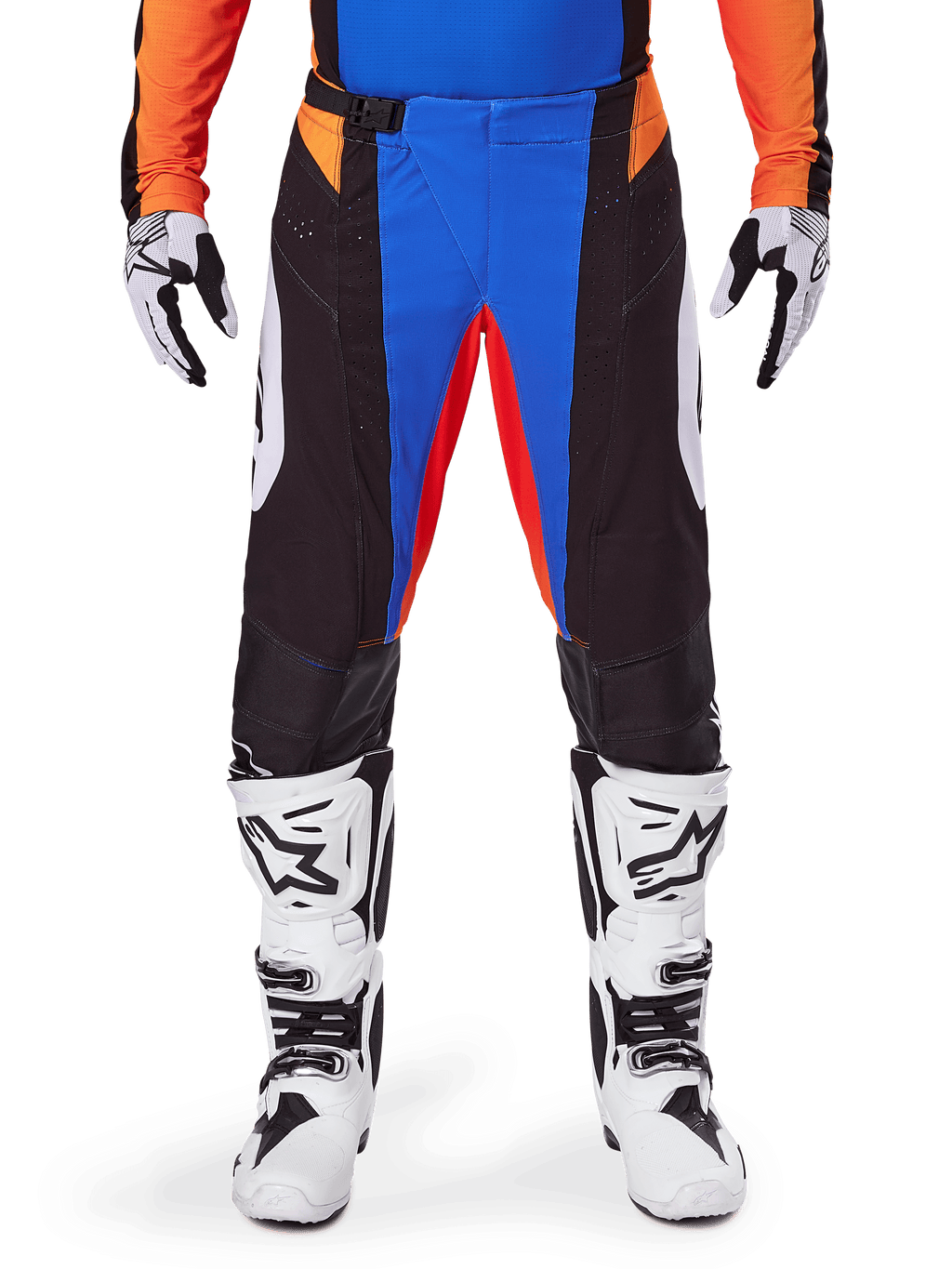 Alpinestars 2025 Techstar Melt Motocross Pants, Orange and Blue, worn with matching jersey and white boots, featuring black panels with vibrant blue and orange accents, perforated for ventilation, athletic race fit for off-road performance.